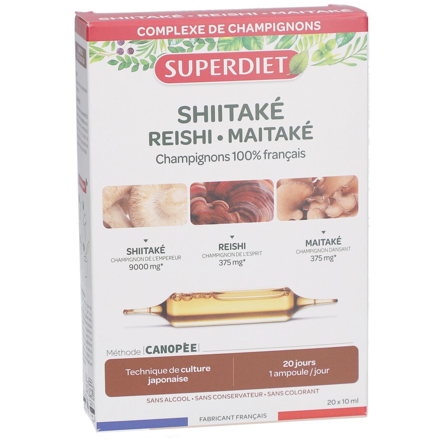 Boîte de Shiitaké Reishi Maitaké ampoules. Nom du produit et illustrations de champignons. 20 ampoules, 10 ml.