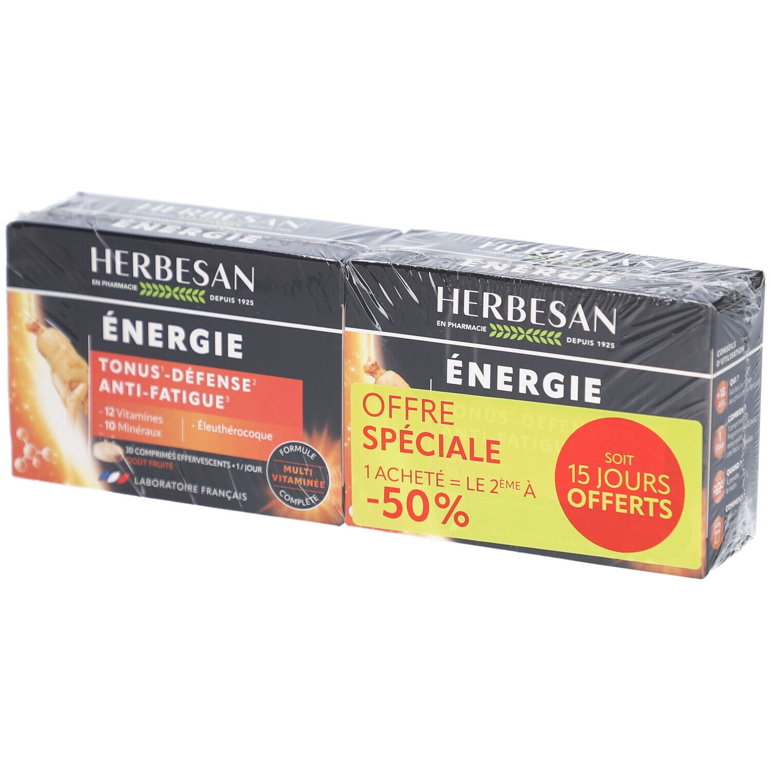 Deux boîtes HERBESAN ENERGIE. Emballage noir avec informations produit et promotions. Emballage plastique transparent.