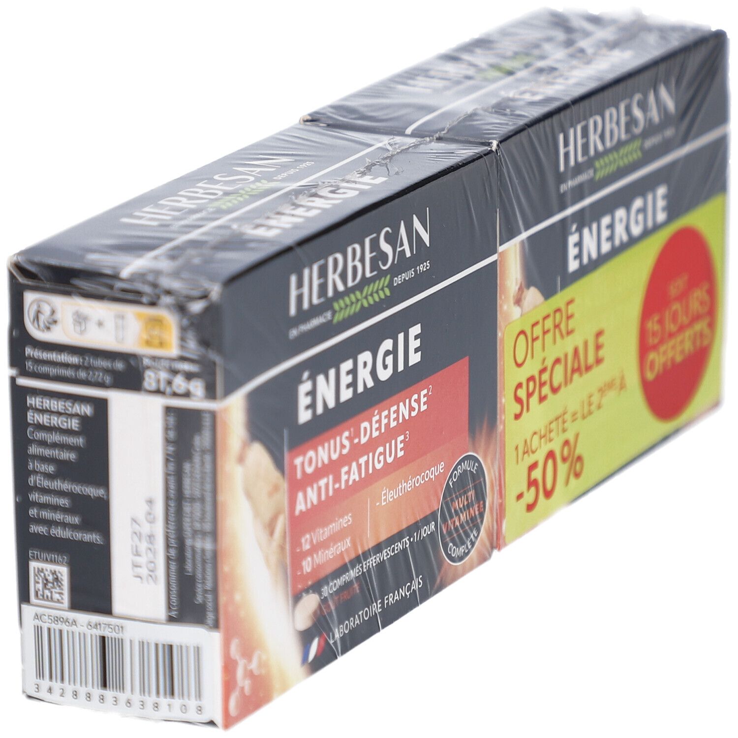 Boîte HERBESAN ENERGIE en biais. Emballage noir avec informations produit et promotions. Emballage plastique transparent.
