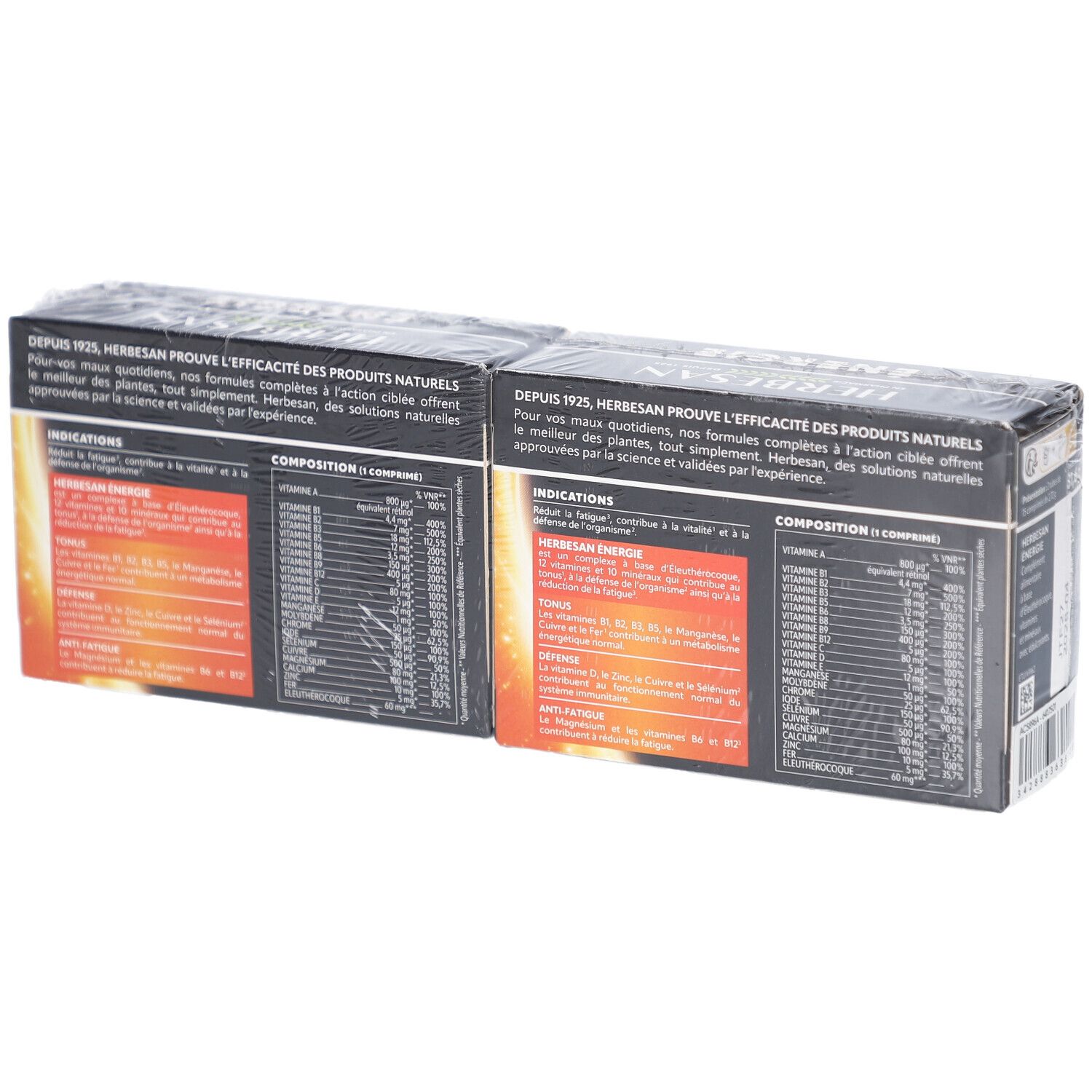 Dos de deux boîtes HERBESAN ENERGIE. Emballage noir avec informations produit et composition. Emballage plastique transparent.