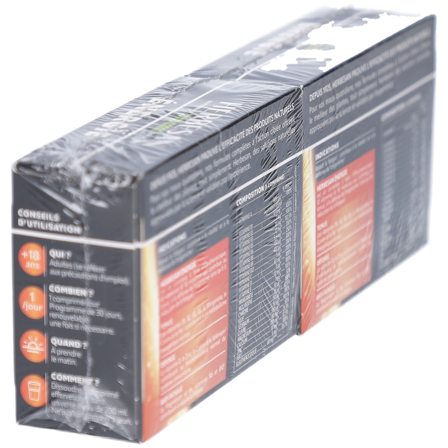 Dos de deux boîtes HERBESAN ENERGIE. Emballage noir avec informations produit et composition. Emballage plastique transparent.