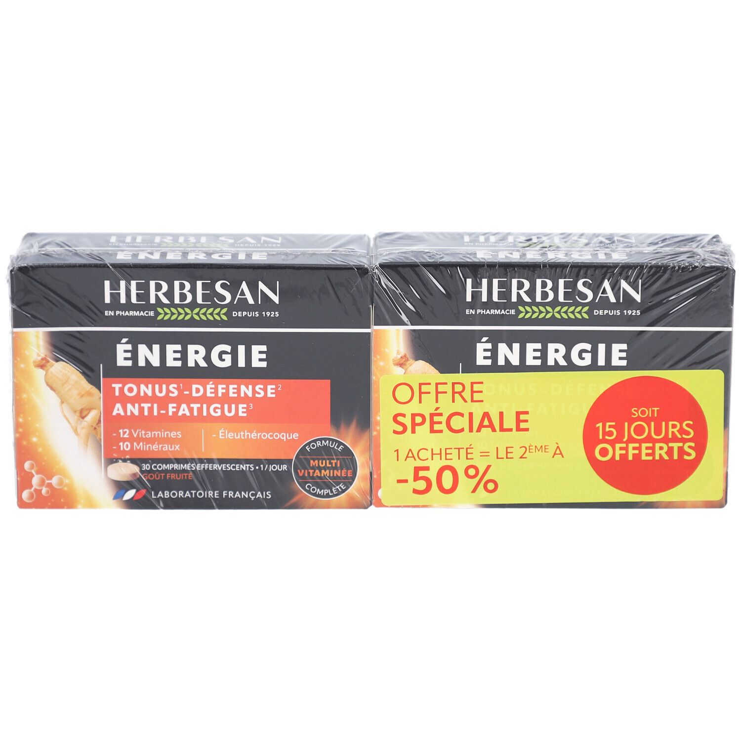Deux boîtes HERBESAN ENERGIE. Emballage noir avec informations produit et promotions. Emballage plastique transparent.