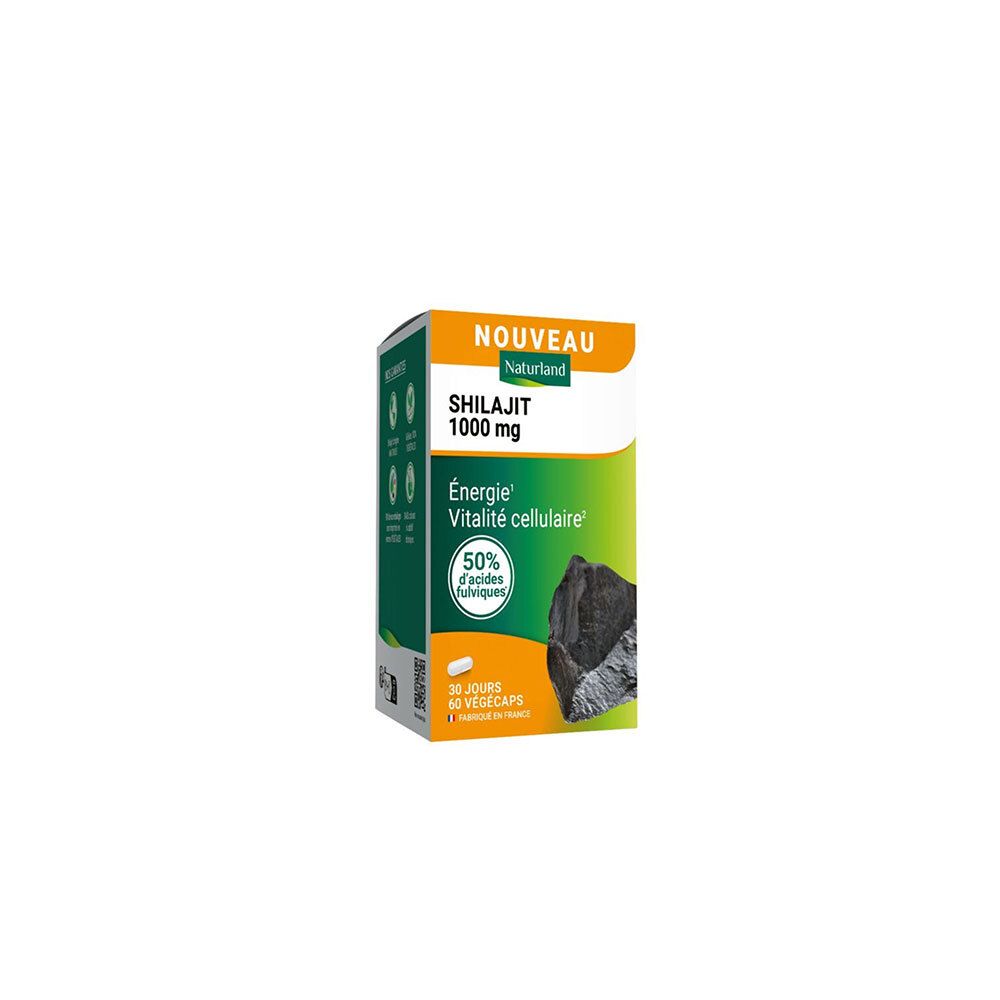 Boîte de SHILAJIT 1000 mg. Design vert et blanc avec texte et illustration du produit. Contient 60 gélules.