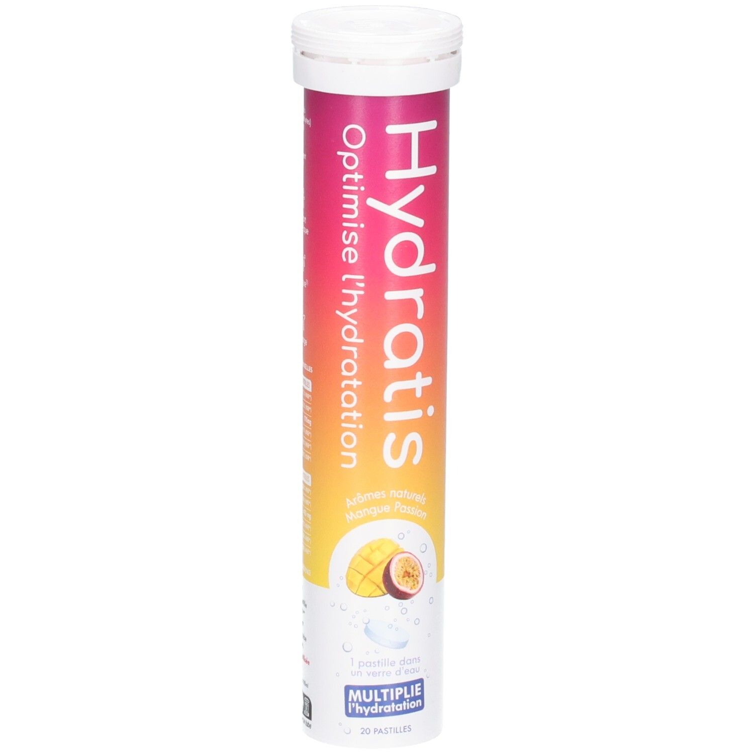 Tube de comprimés pour réhydratation orale. Logo "Hydratis". Saveur mangue-fruit de la passion. Optimise l'hydratation.