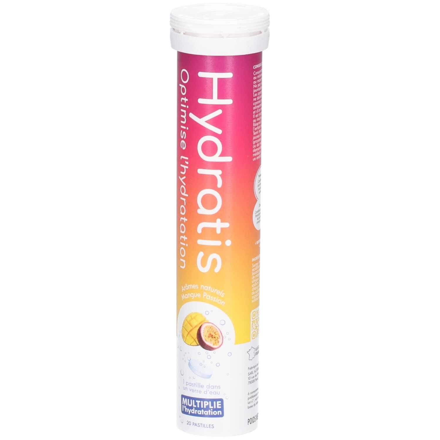 Tube de comprimés pour réhydratation orale. Logo "Hydratis". Saveur mangue-fruit de la passion. Optimise l'hydratation.