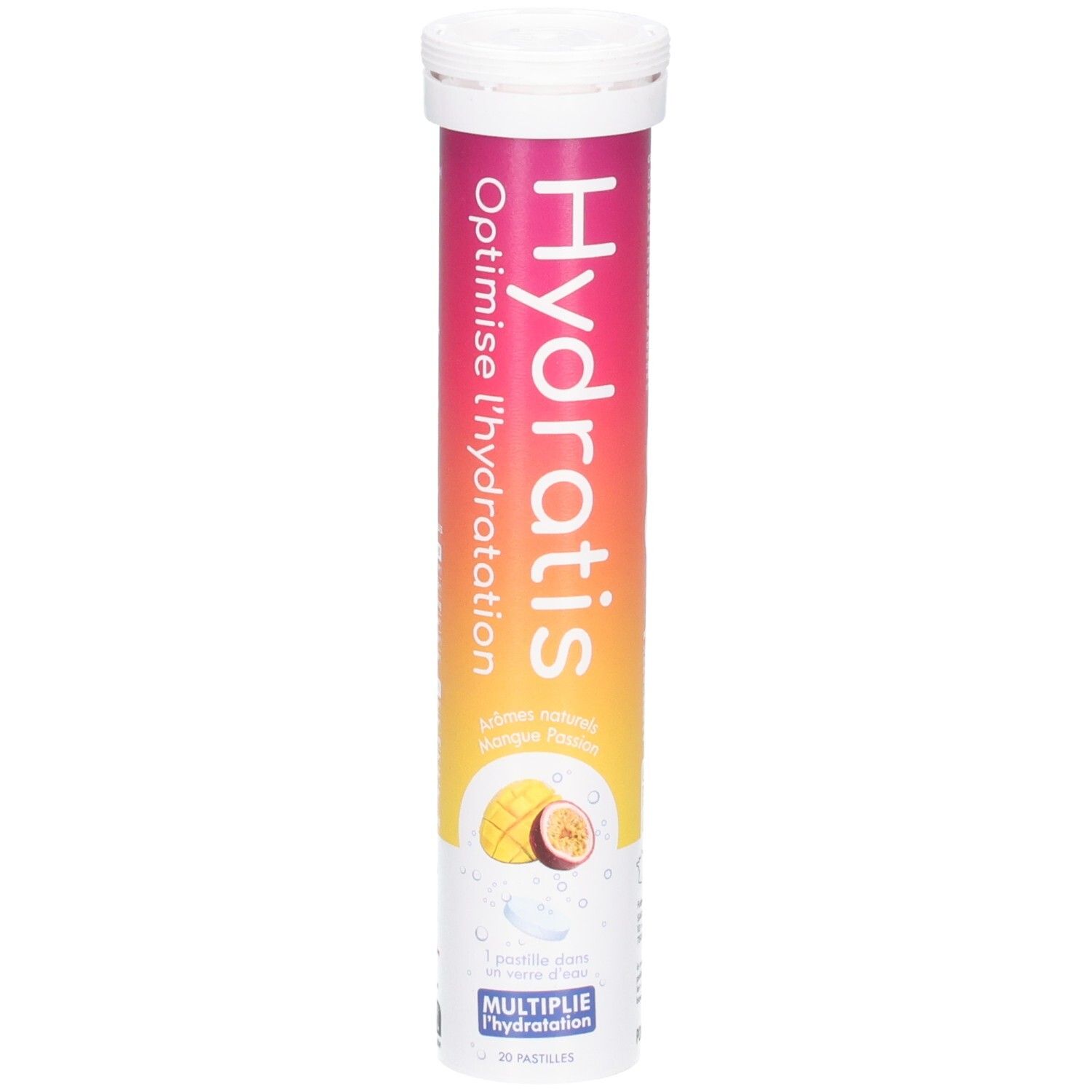 Tube de comprimés pour réhydratation orale. Logo "Hydratis". Saveur mangue-fruit de la passion. Optimise l'hydratation.