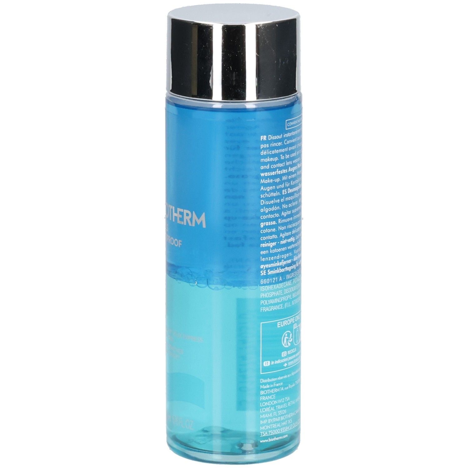 Flacon cylindrique bleu et argenté. Texte: Biotherm, Biocils Waterproof. Texte multilingue sur le flacon.
