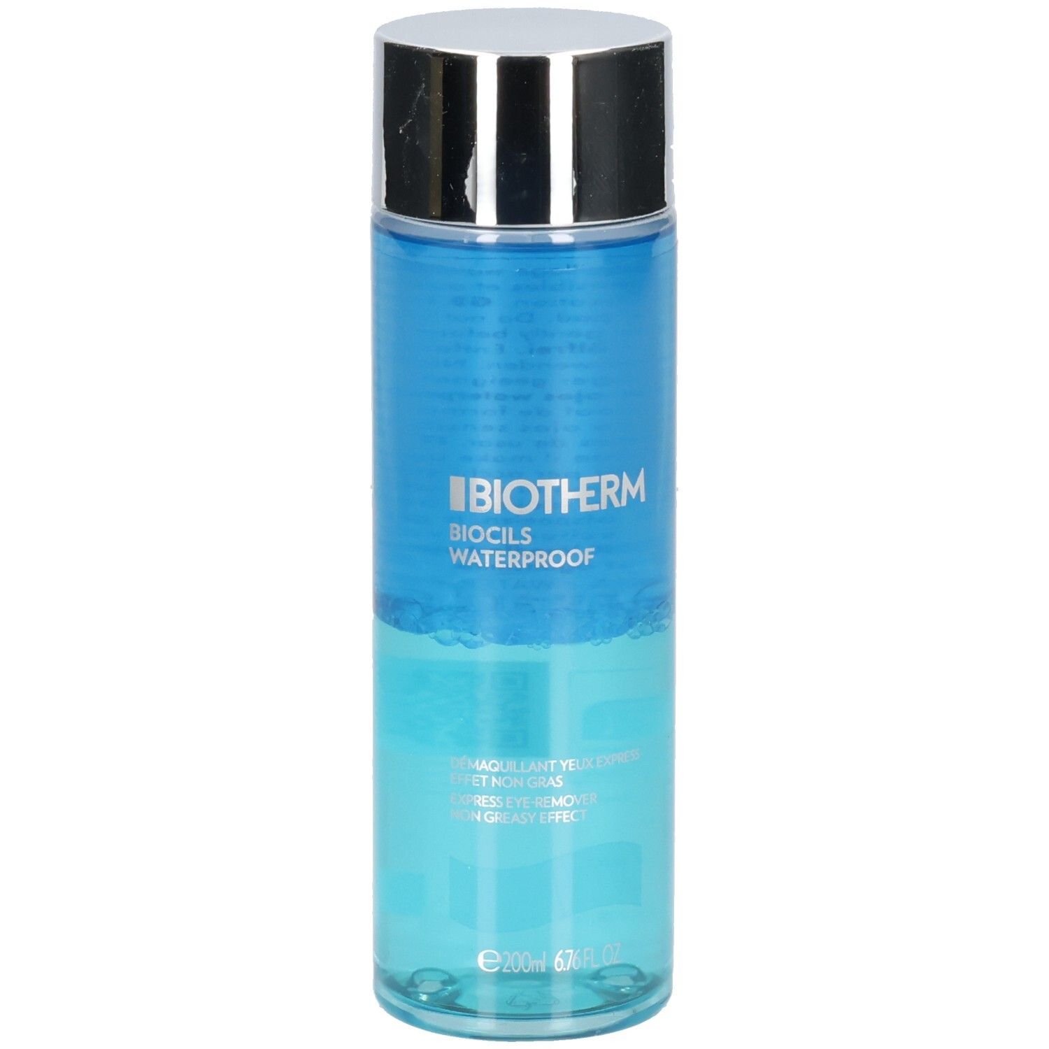 Flacon cylindrique bleu et argenté. Texte: Biotherm, Biocils Waterproof. Texte sur le démaquillage.