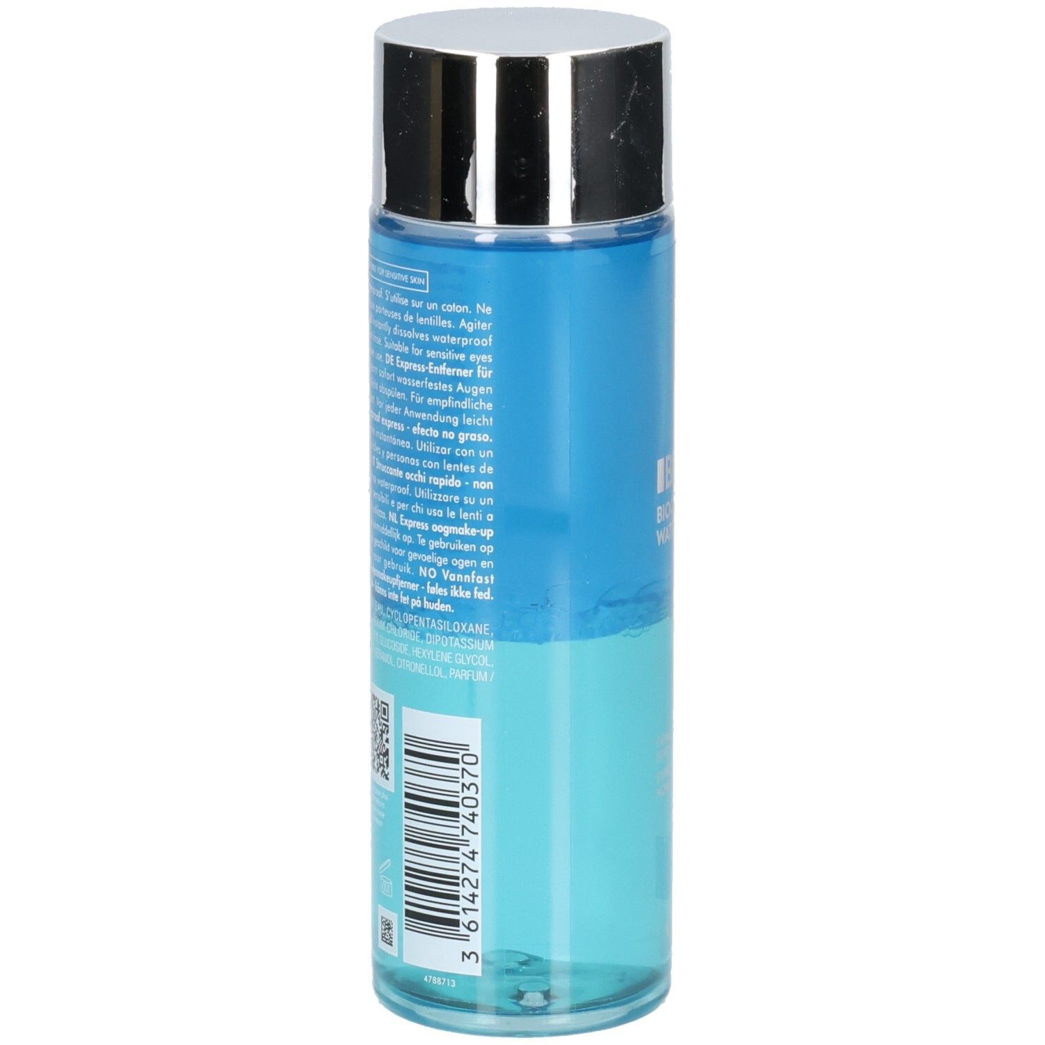 Flacon cylindrique bleu et argenté. Texte multilingue sur le flacon. Texte: Biotherm, Biocils Waterproof.