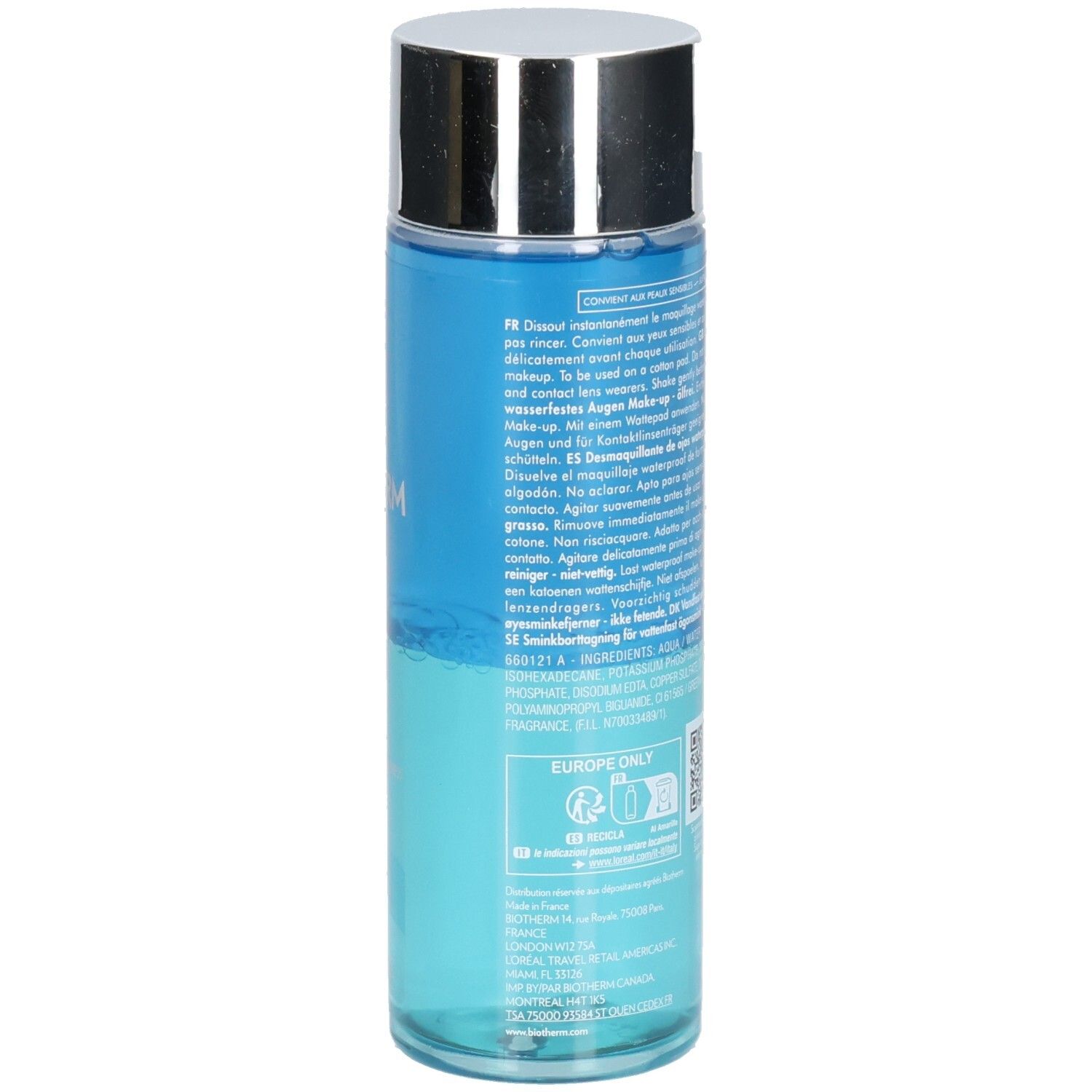 Flacon cylindrique bleu et argenté. Texte multilingue sur le flacon. Texte: Biotherm, Biocils Waterproof.