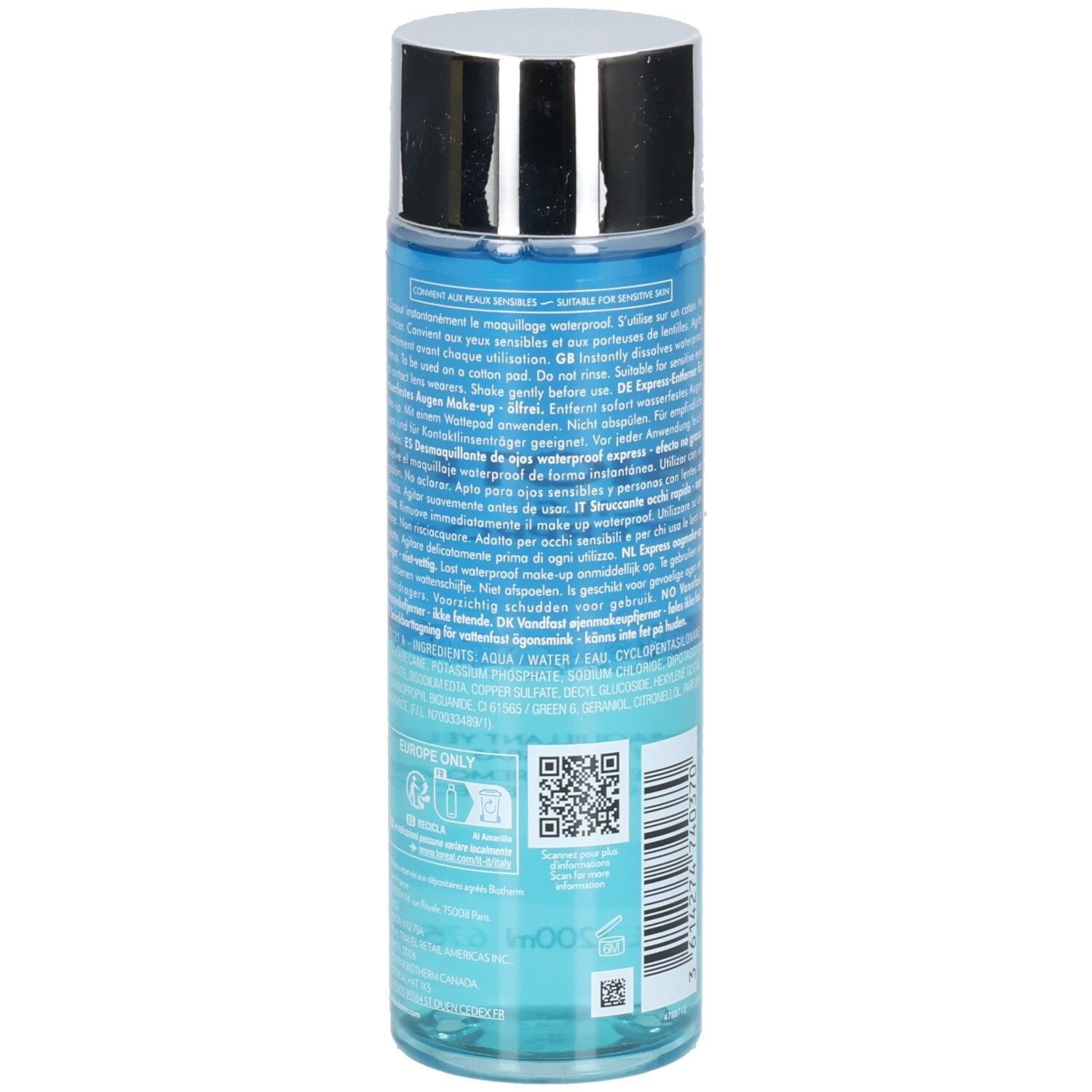 Flacon cylindrique bleu et argenté. Texte multilingue sur le flacon. Texte: Biotherm, Biocils Waterproof.