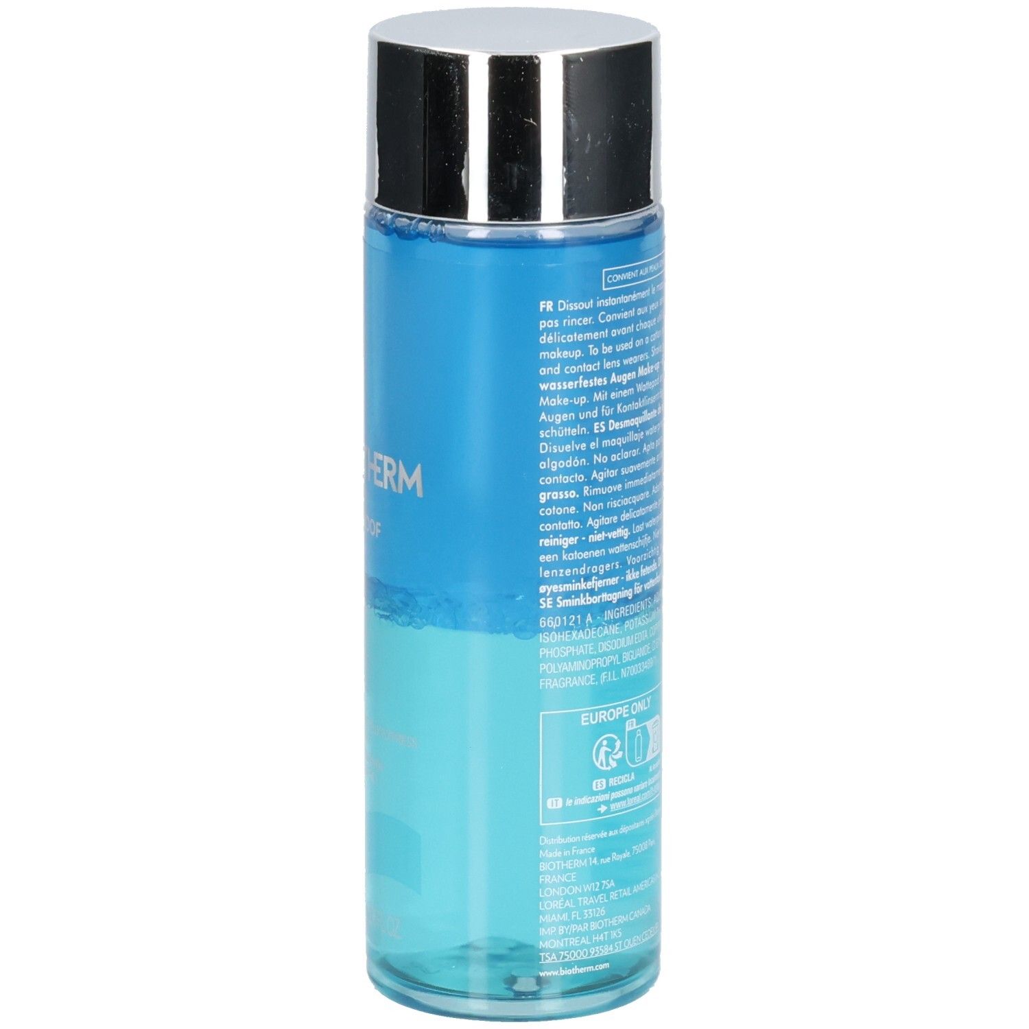 Flacon cylindrique bleu et argenté. Texte multilingue sur le flacon. Texte: Biotherm, Biocils Waterproof.