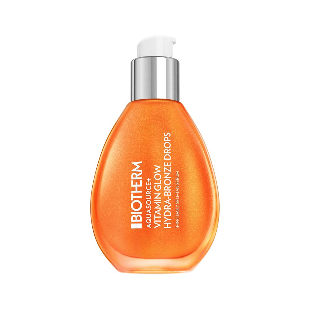Flacon orange avec pompe, sérum Biotherm Aquasource+ Vitamin Glow Hydra-Bronze Drops.