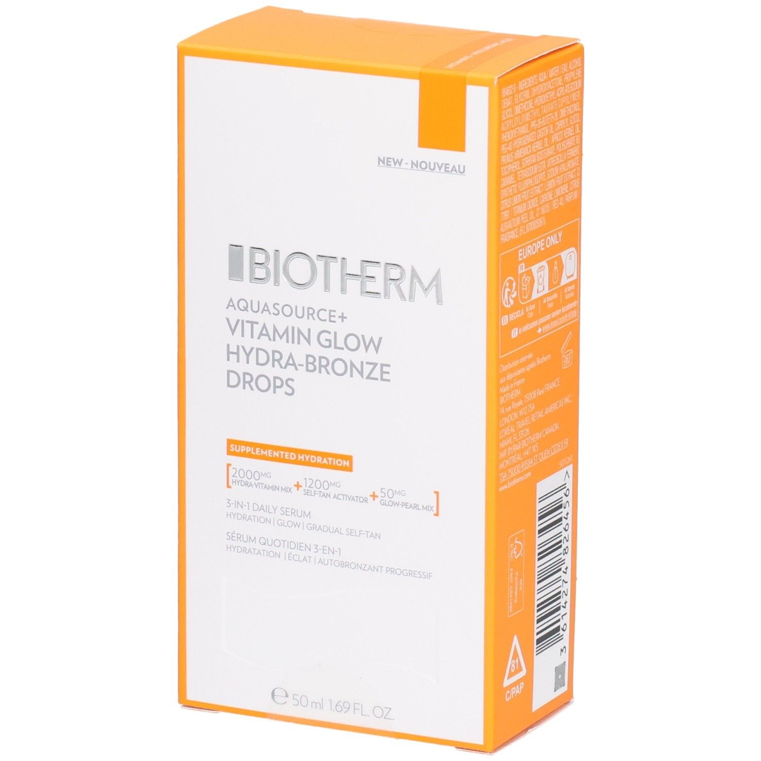 BIOTHERM AQUASOURCE+ Vitamin Glow Hydra-Bronze Drops. Boîte orange. Texte : Sérum quotidien 3-en-1. 50 ml.