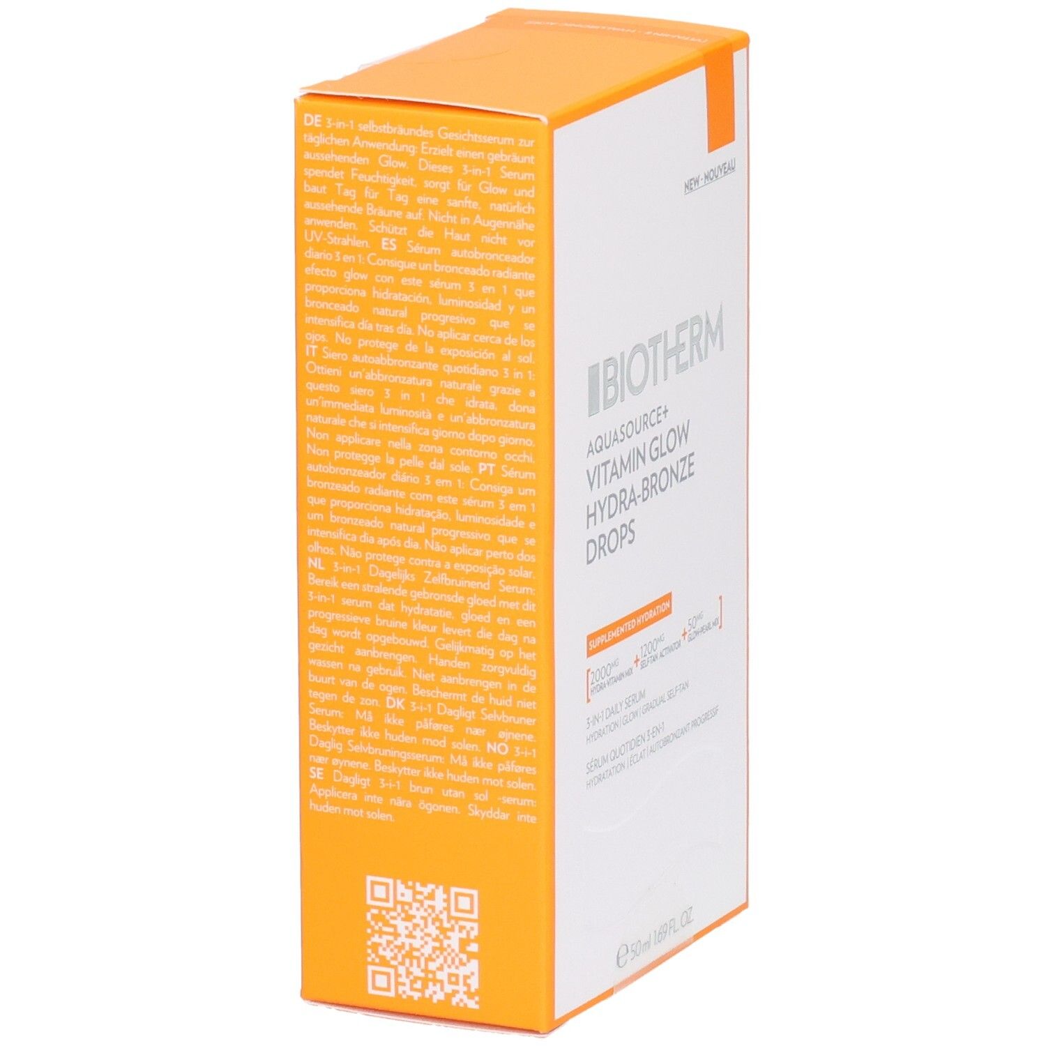 BIOTHERM AQUASOURCE+ Vitamin Glow Hydra-Bronze Drops. Boîte orange. Texte et code QR sur le côté.