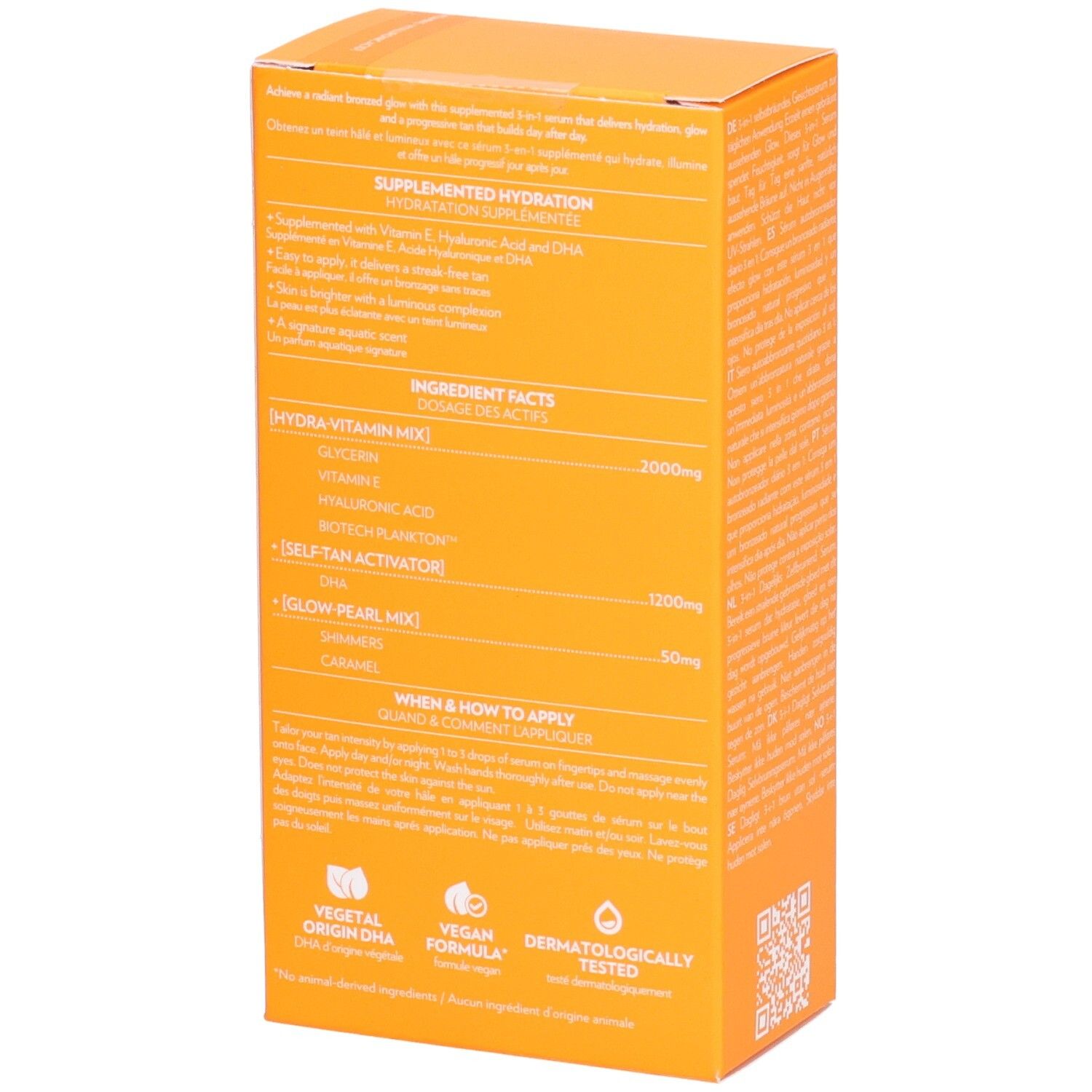 BIOTHERM AQUASOURCE+ Vitamin Glow Hydra-Bronze Drops. Dos de la boîte. Ingrédients et instructions d'utilisation.