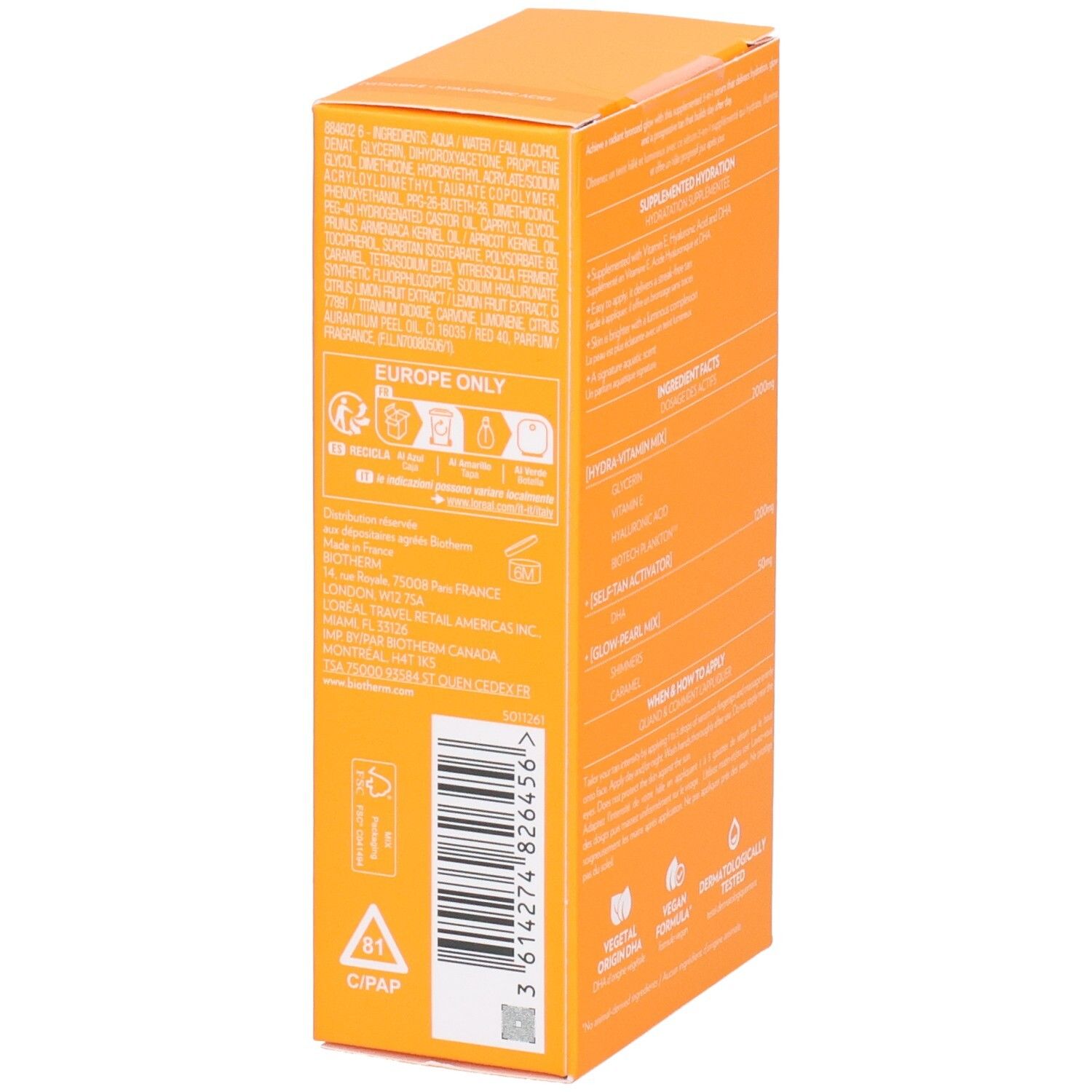 BIOTHERM AQUASOURCE+ Vitamin Glow Hydra-Bronze Drops. Boîte avec texte et logos. Informations au dos.