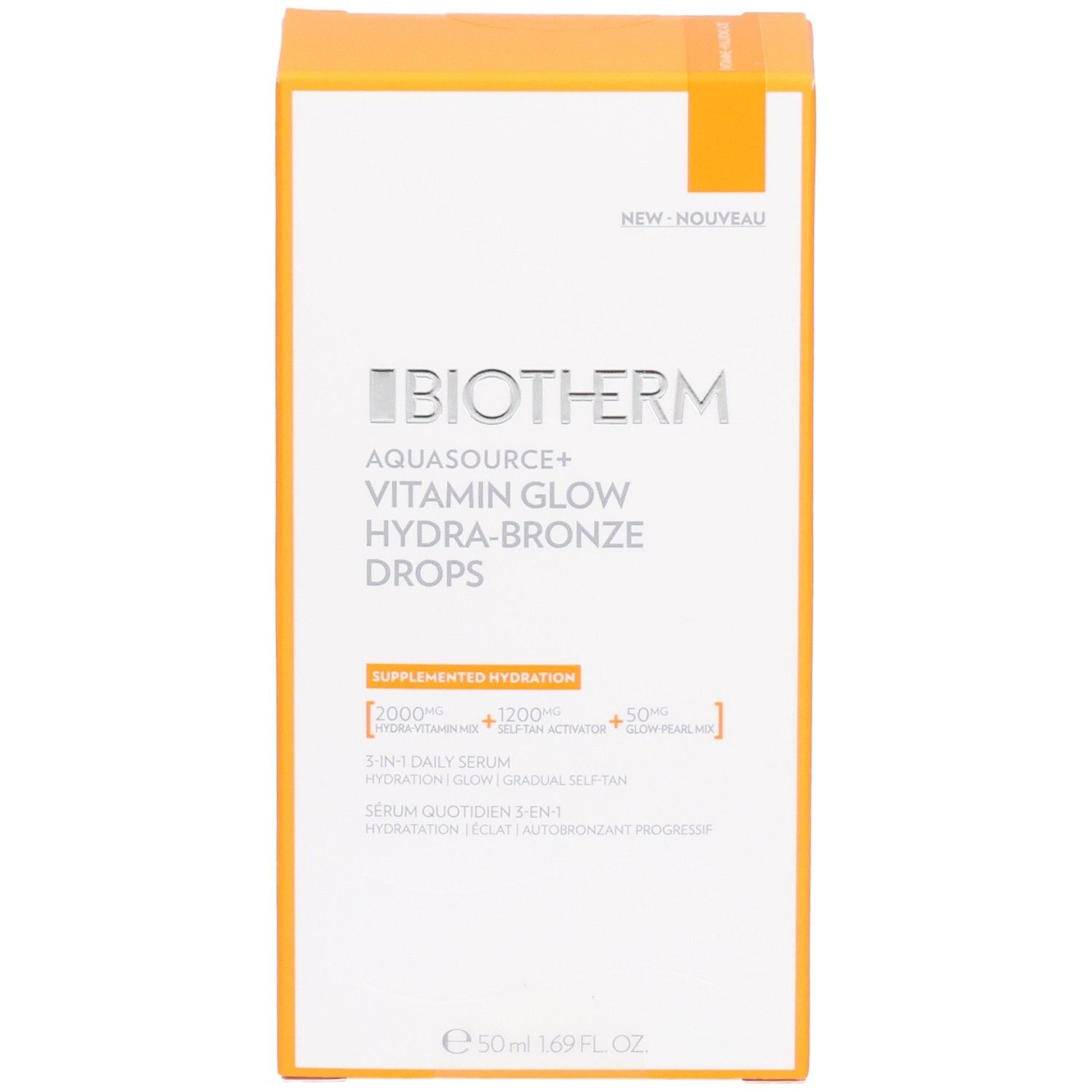 BIOTHERM AQUASOURCE+ Vitamin Glow Hydra-Bronze Drops. Boîte orange. Texte : Sérum quotidien 3-en-1. 50 ml.