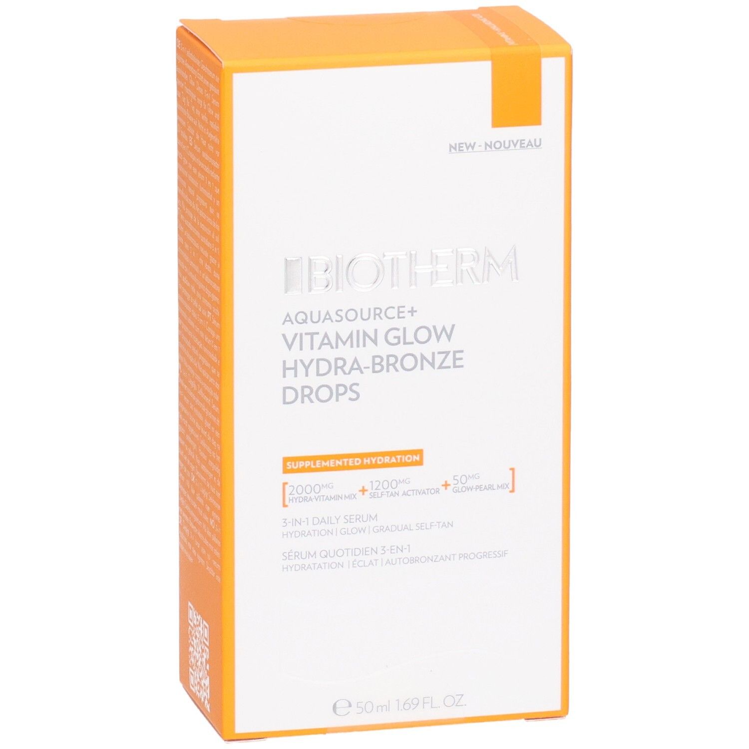 BIOTHERM AQUASOURCE+ Vitamin Glow Hydra-Bronze Drops. Boîte orange. Texte : Sérum quotidien 3-en-1. 50 ml.