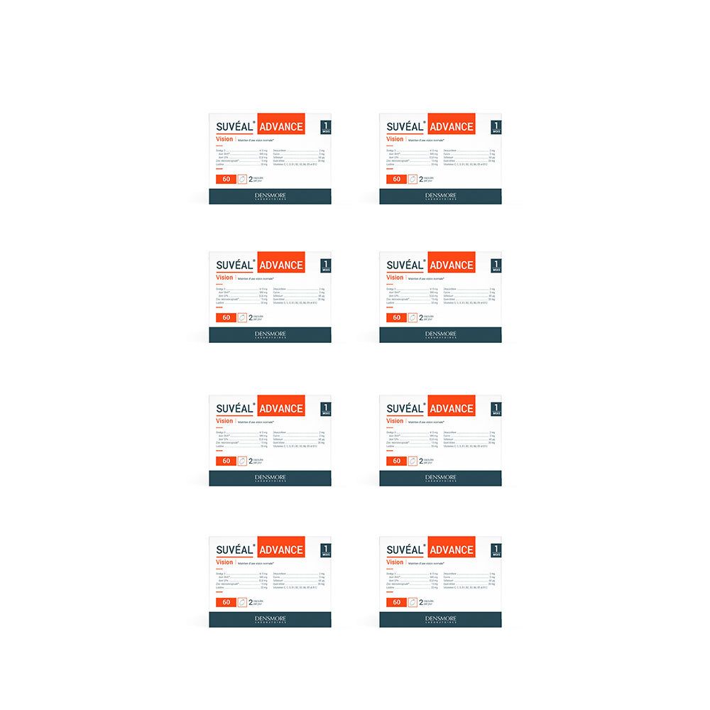 Plusieurs cartes carrées. Chaque carte affiche SUVEAL ADVANCE en orange et blanc sur fond blanc.