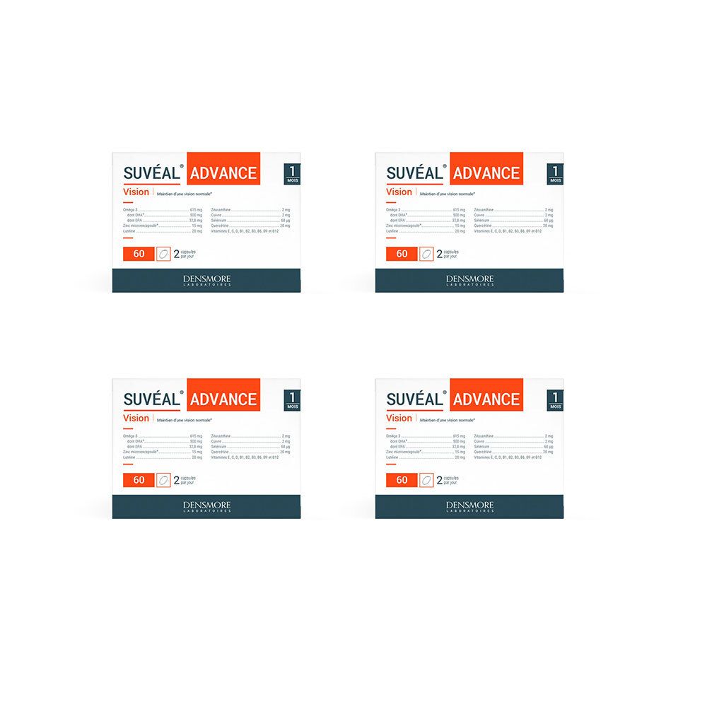 Quatre boîtes de Suvéal Advance. Chaque boîte affiche le nom, les ingrédients et le nombre de gélules.