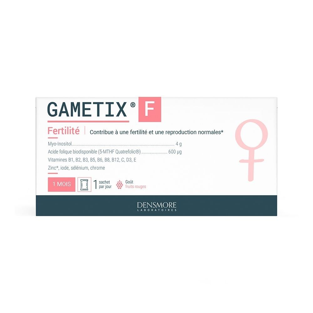 Boîte GAMETIX® F. Texte: Fertilité, contribue à une fertilité normale. Ingrédients et logo féminin. Marque DENSMORE.