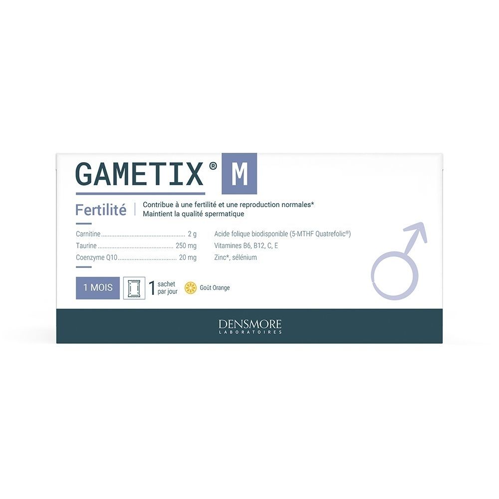 Boîte blanche GAMETIX M. Ingrédients et marque DENSMORE visibles. Symbole masculin. 1 mois, 1 sachet par jour.