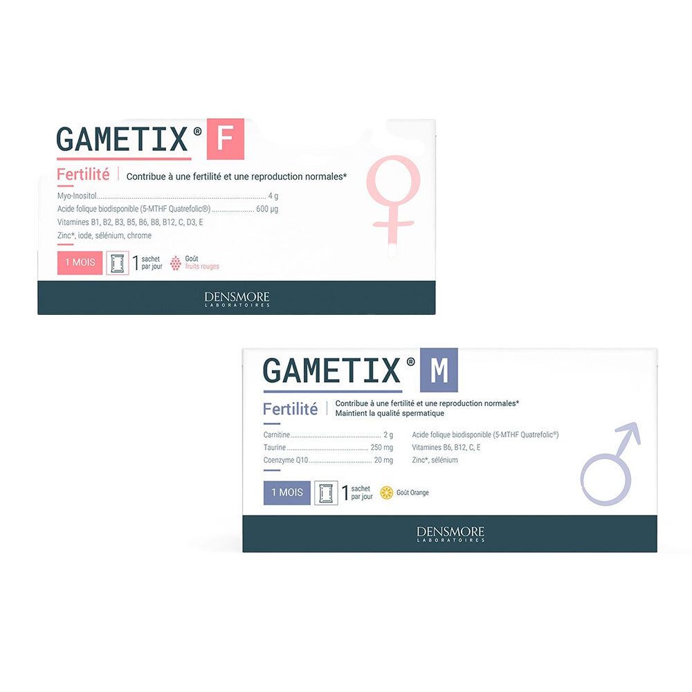 Quatre boîtes de produit. Deux avec « GAMETIX M », deux avec « GAMETIX F ». Inscriptions : Fertilité, logos, symboles homme et femme.
