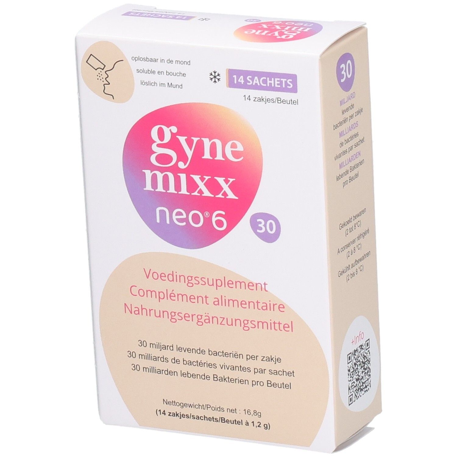 Boîte de Gynemixx neo 6, 14 sachets. Inscription : 30 milliards de bactéries vivantes.