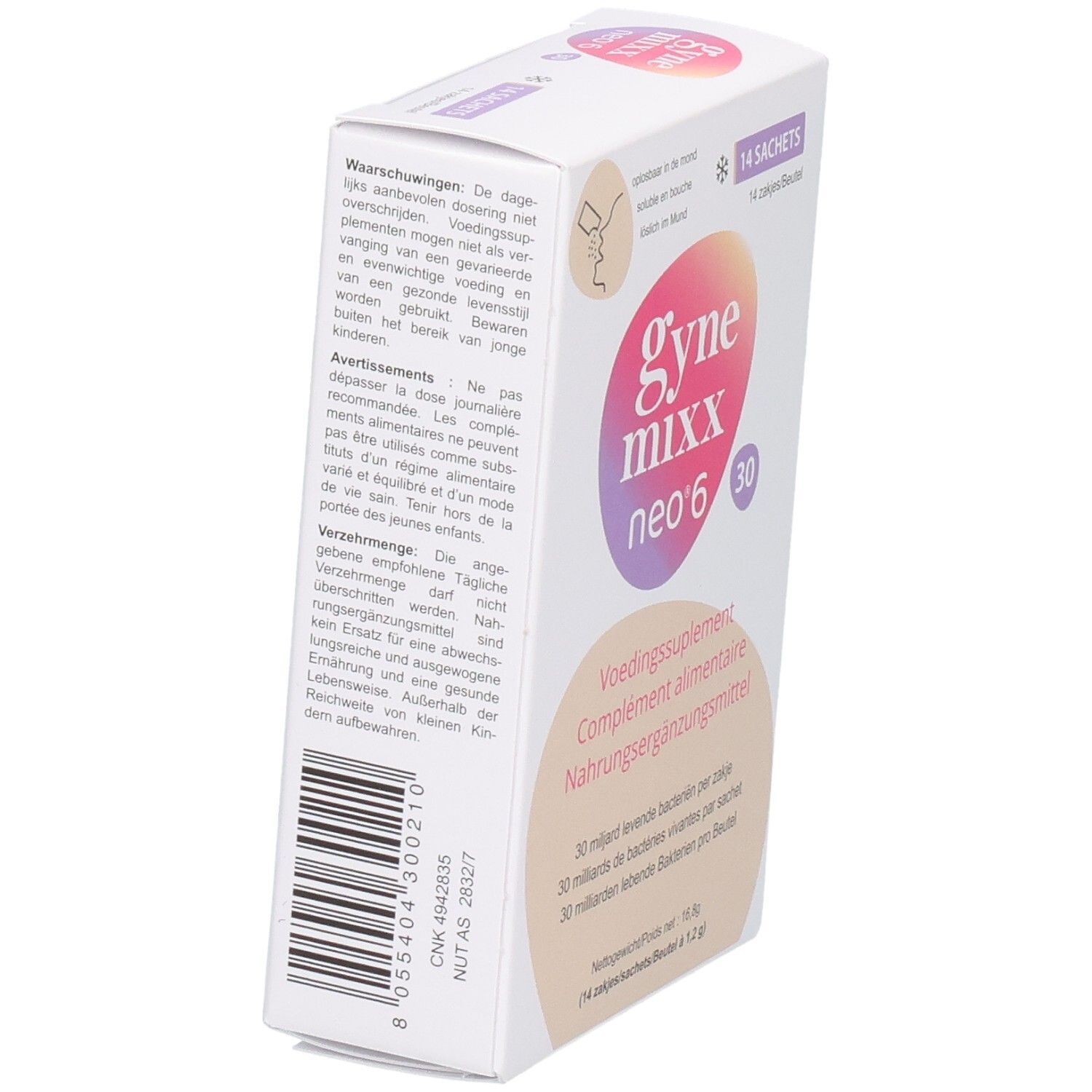 Vue latérale de la boîte Gynemixx neo 6. Contient des avertissements et un code-barres.