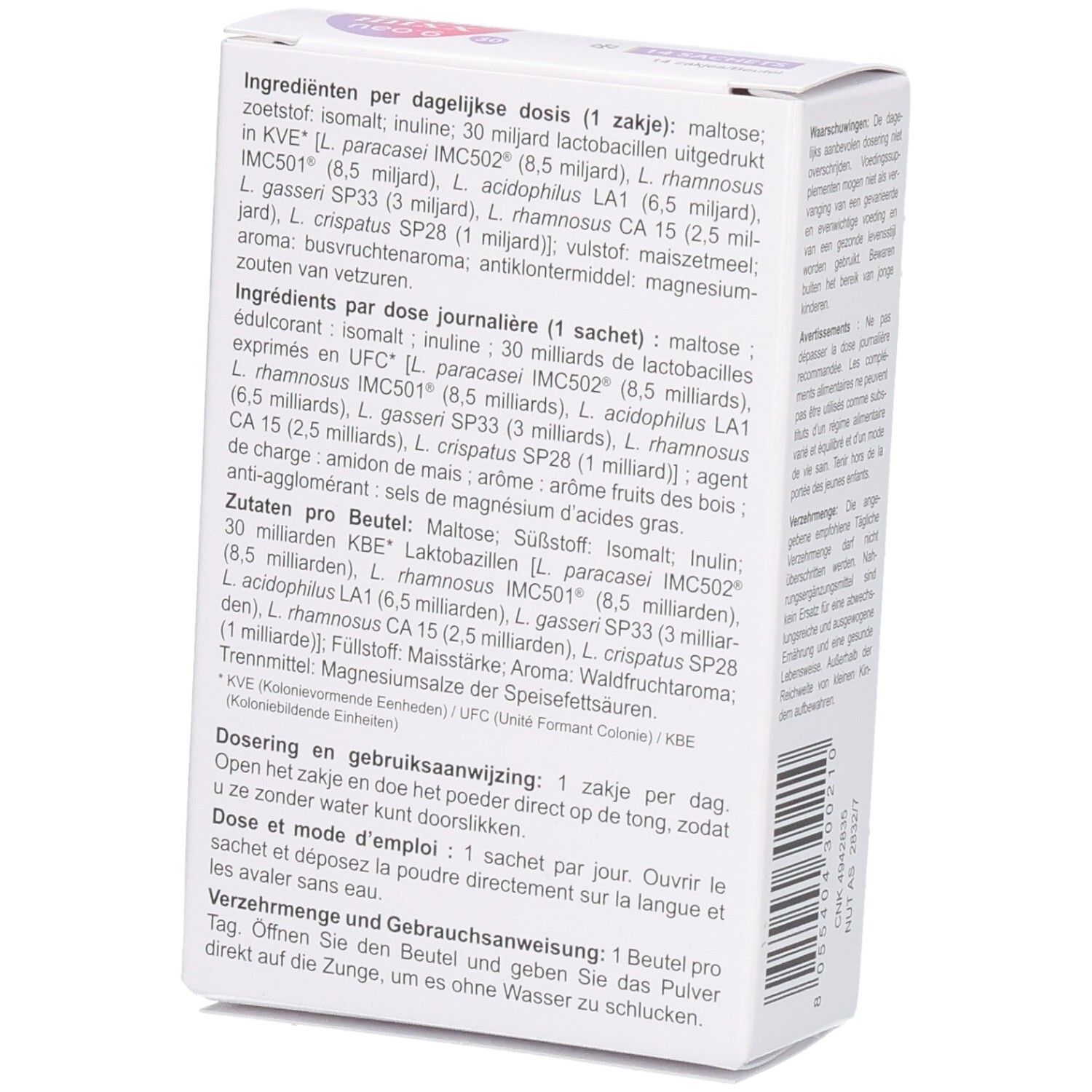 Dos de la boîte Gynemixx neo 6. Contient ingrédients et instructions de dosage.