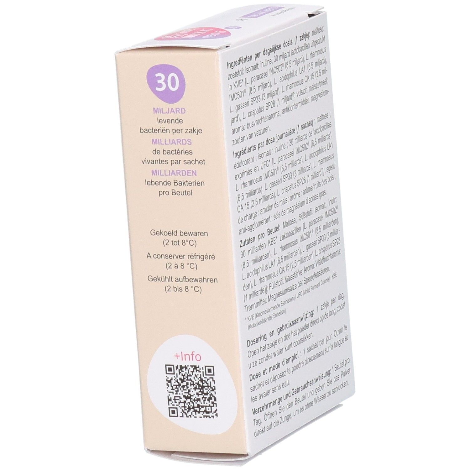 Vue latérale de la boîte Gynemixx neo 6. Contient informations de stockage et QR code.