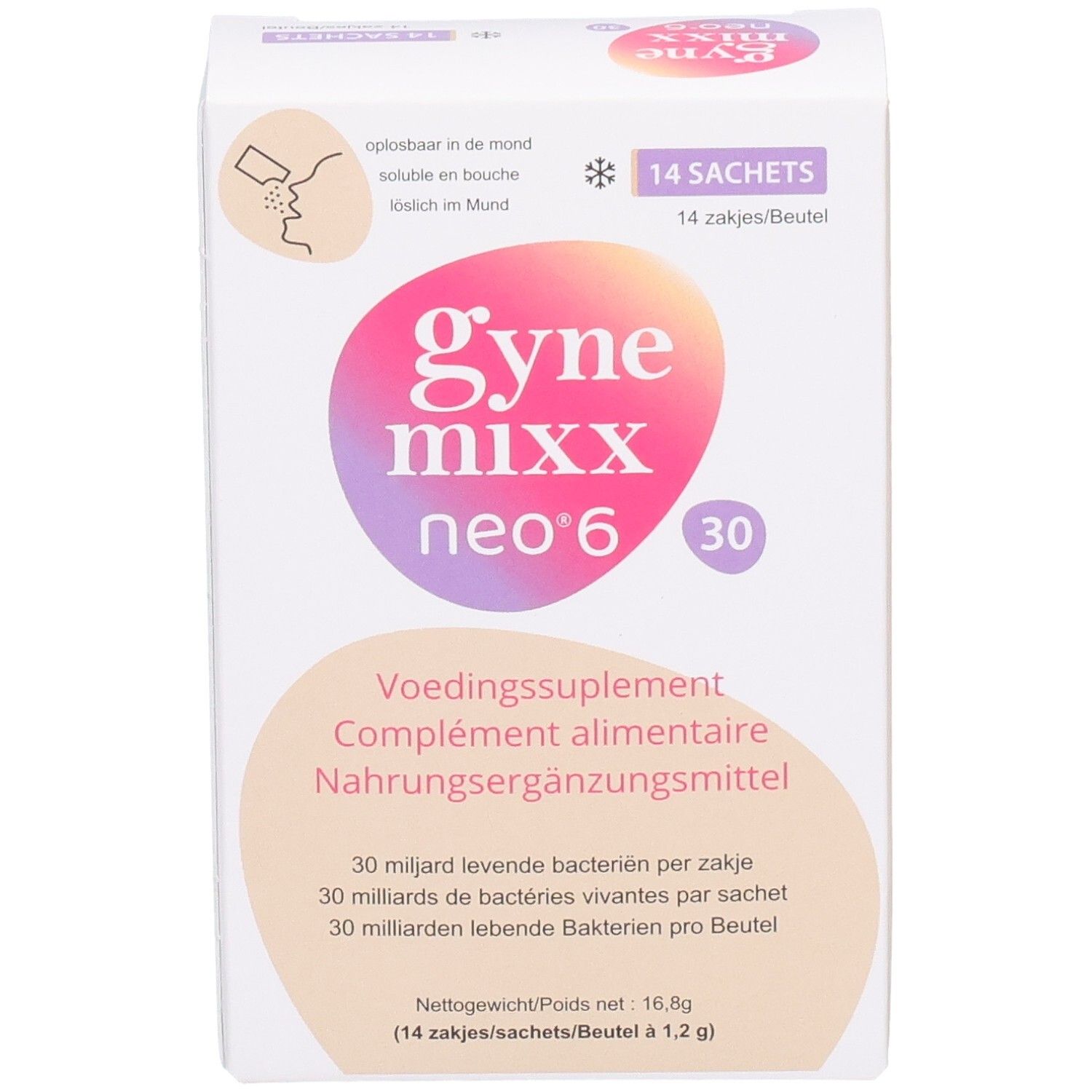 Vue de face de la boîte Gynemixx neo 6. Contient 14 sachets et 30 milliards de bactéries.