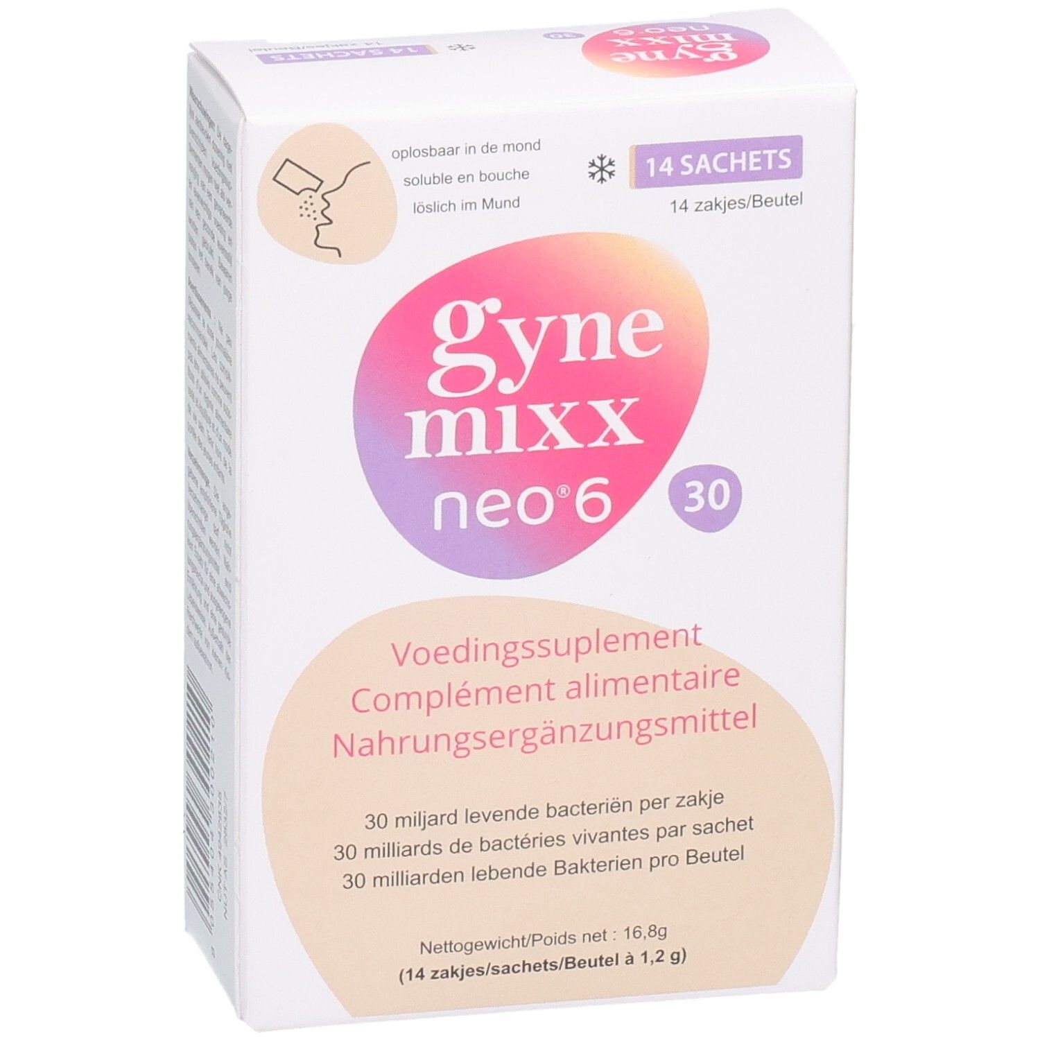 Vue de face de la boîte Gynemixx neo 6. Contient 14 sachets et 30 milliards de bactéries.