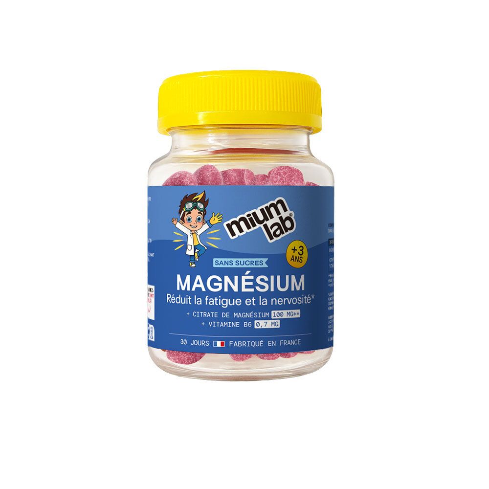 Gummies Magnésium Mium Lab Enfants dans un pot transparent avec bouchon jaune.