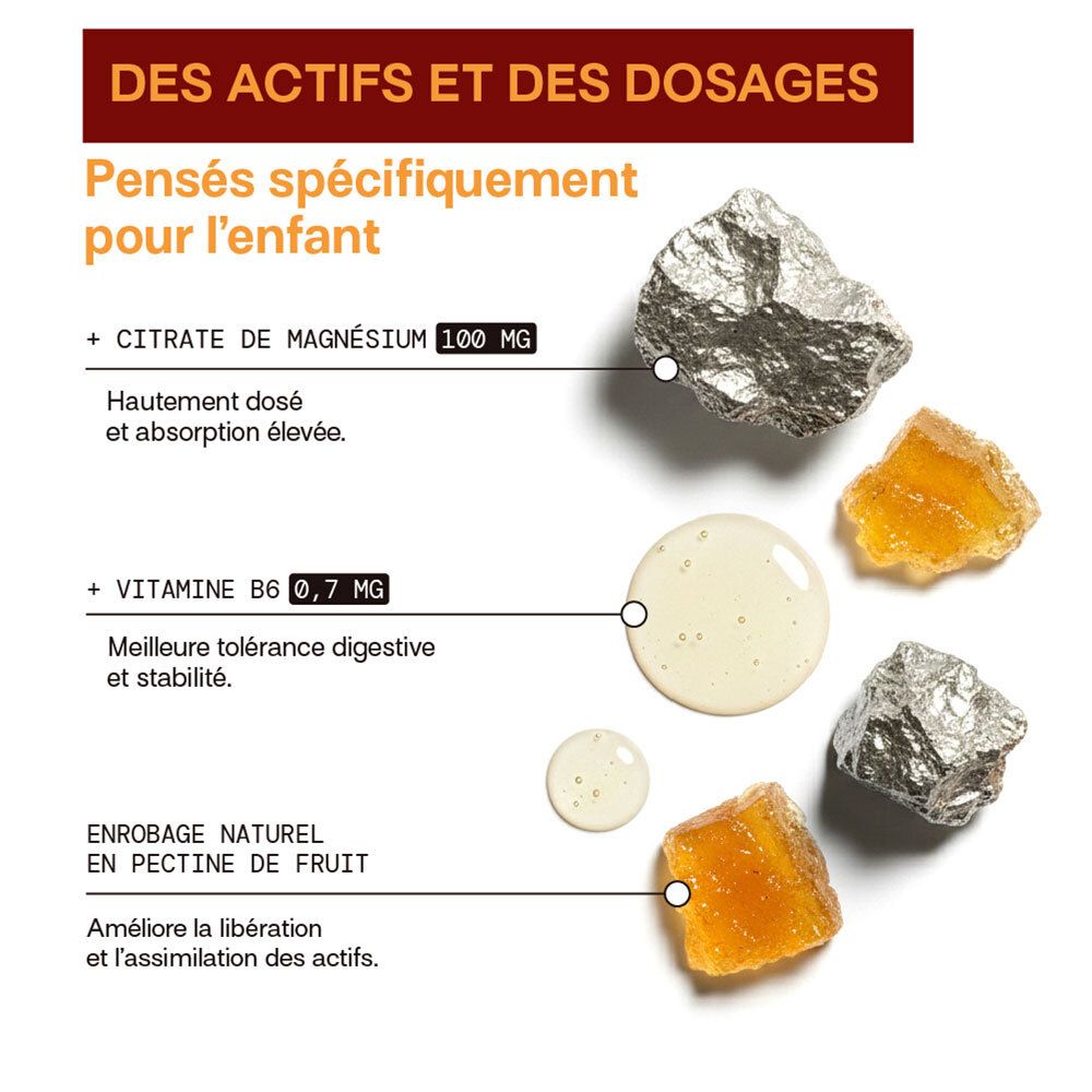 Actifs et dosages : Citrate de magnésium, Vitamine B6, enrobage pectine.