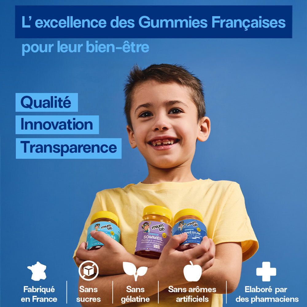 Trois flacons de Mium Lab Gummies, fabriqués en France.