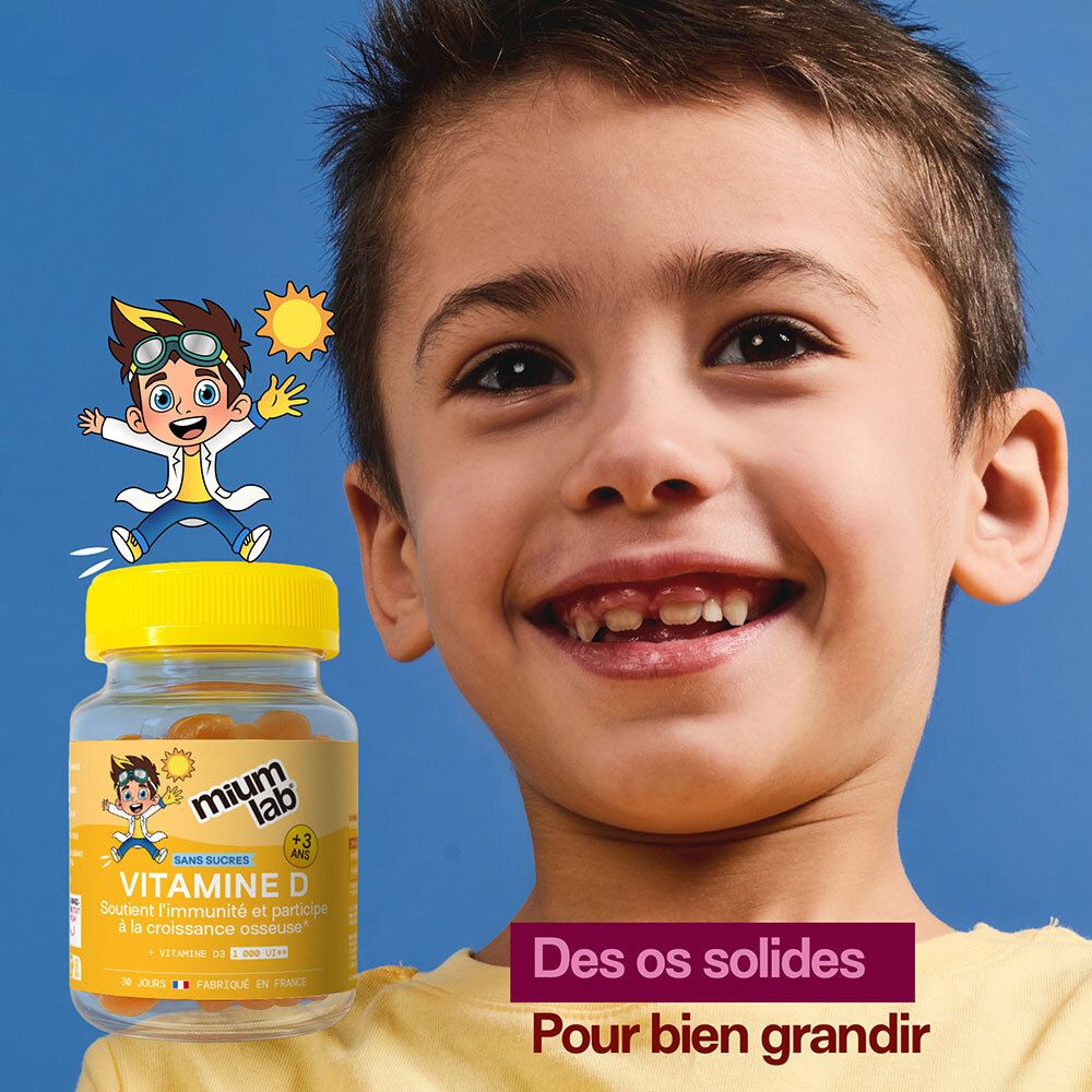 Enfant avec Mium Lab Vitamine D Gummis, pour une bonne croissance osseuse.
