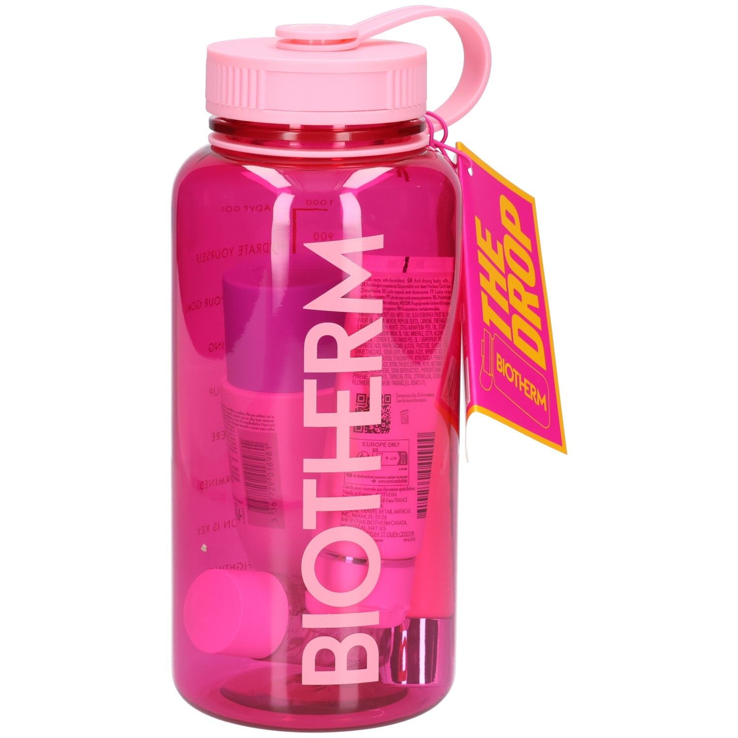 Gourde rose transparente avec bouchon et anse roses. Contient des produits cosmétiques roses. Logo BIOTHERM sur la bouteille.