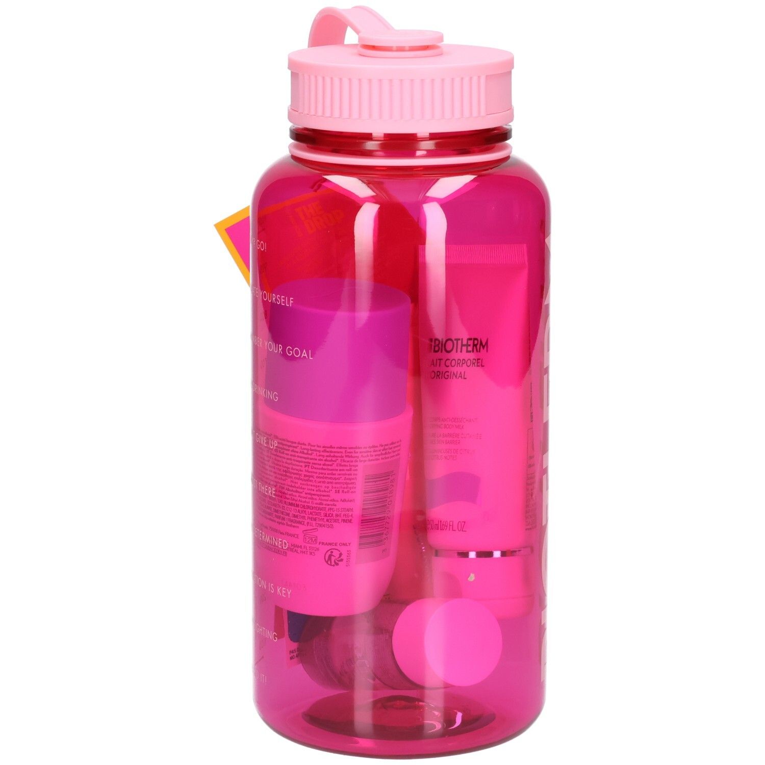 Gourde rose avec bouchon et anse roses. Contient des produits cosmétiques roses. Logo BIOTHERM sur la bouteille. Inscriptions.