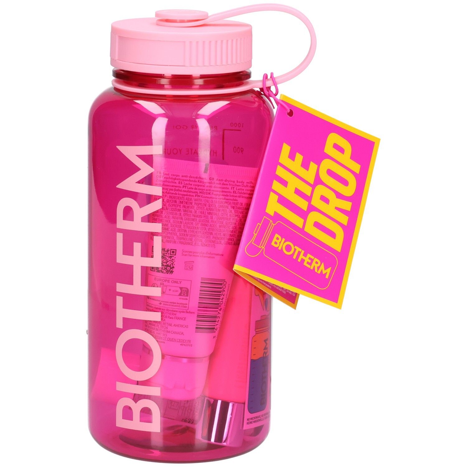 Gourde rose avec bouchon et anse roses. Contient des produits cosmétiques roses. Logo BIOTHERM sur la bouteille. Étiquette.
