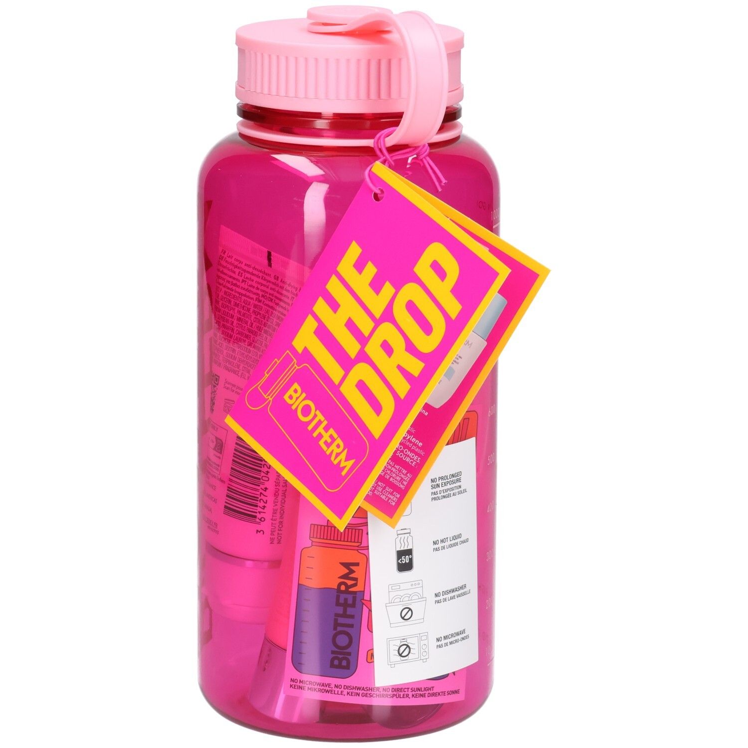 Gourde rose avec bouchon et anse roses. Contient des produits cosmétiques roses. Logo BIOTHERM sur la bouteille. Étiquette.