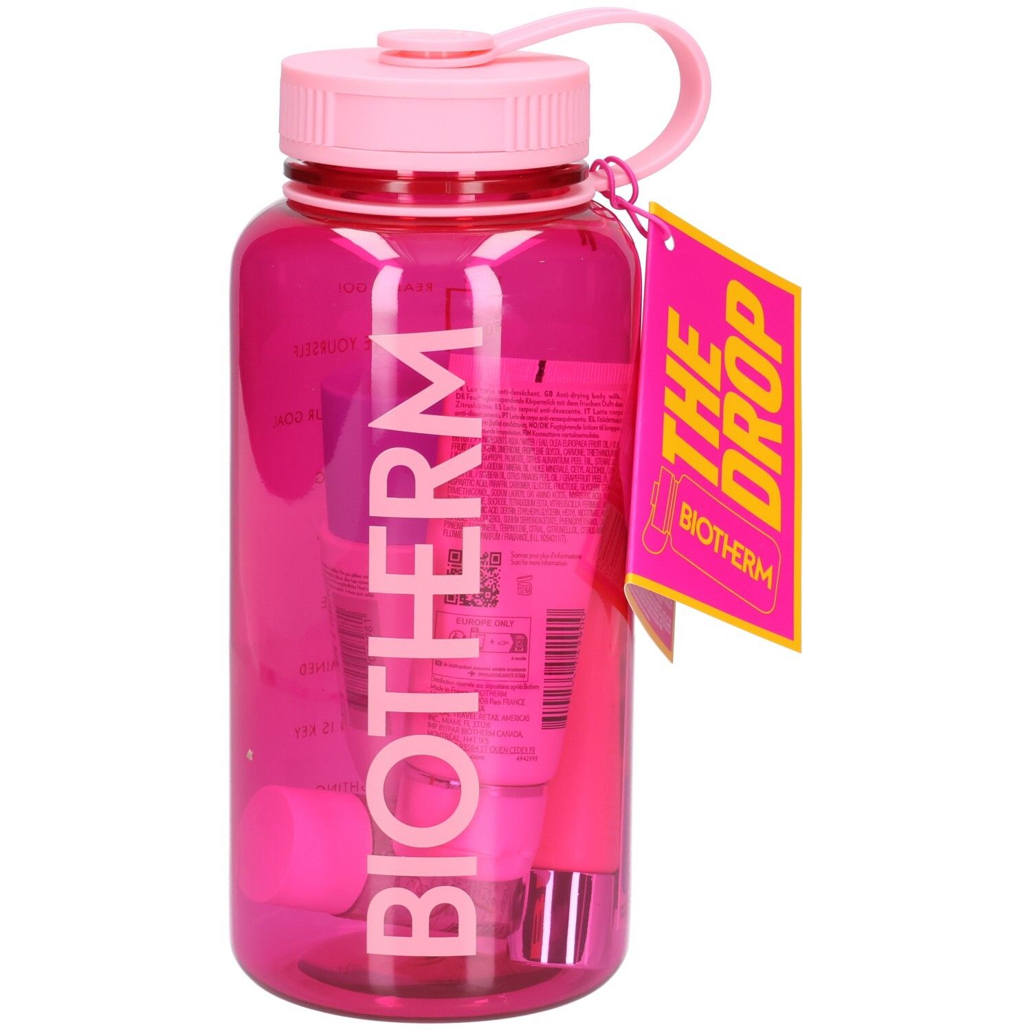Gourde rose avec bouchon et anse roses. Contient des produits cosmétiques roses. Logo BIOTHERM sur la bouteille. Étiquette.