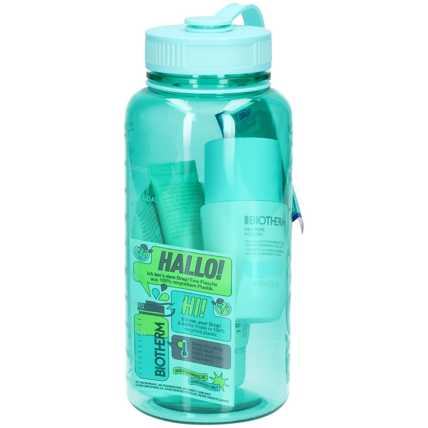 Bouteille d'eau turquoise avec bouchon. Contient des tubes et des flacons. Autocollant avec texte et logo BIOTHERM. Texte "HALLO!" et "HI!".