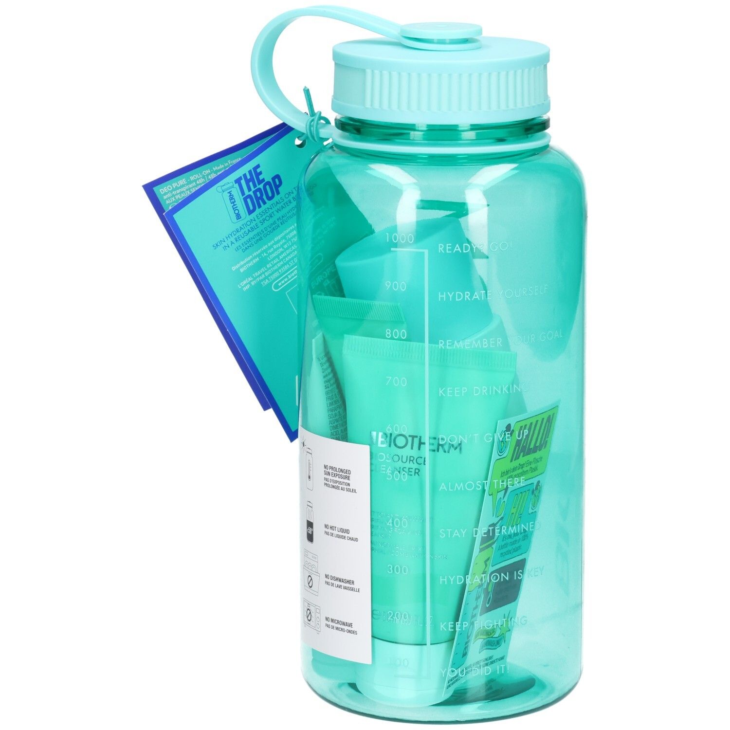 Bouteille d'eau turquoise avec bouchon. Contient des tubes et des flacons. Autocollant avec texte et logo BIOTHERM. Échelle de mesure de liquide.