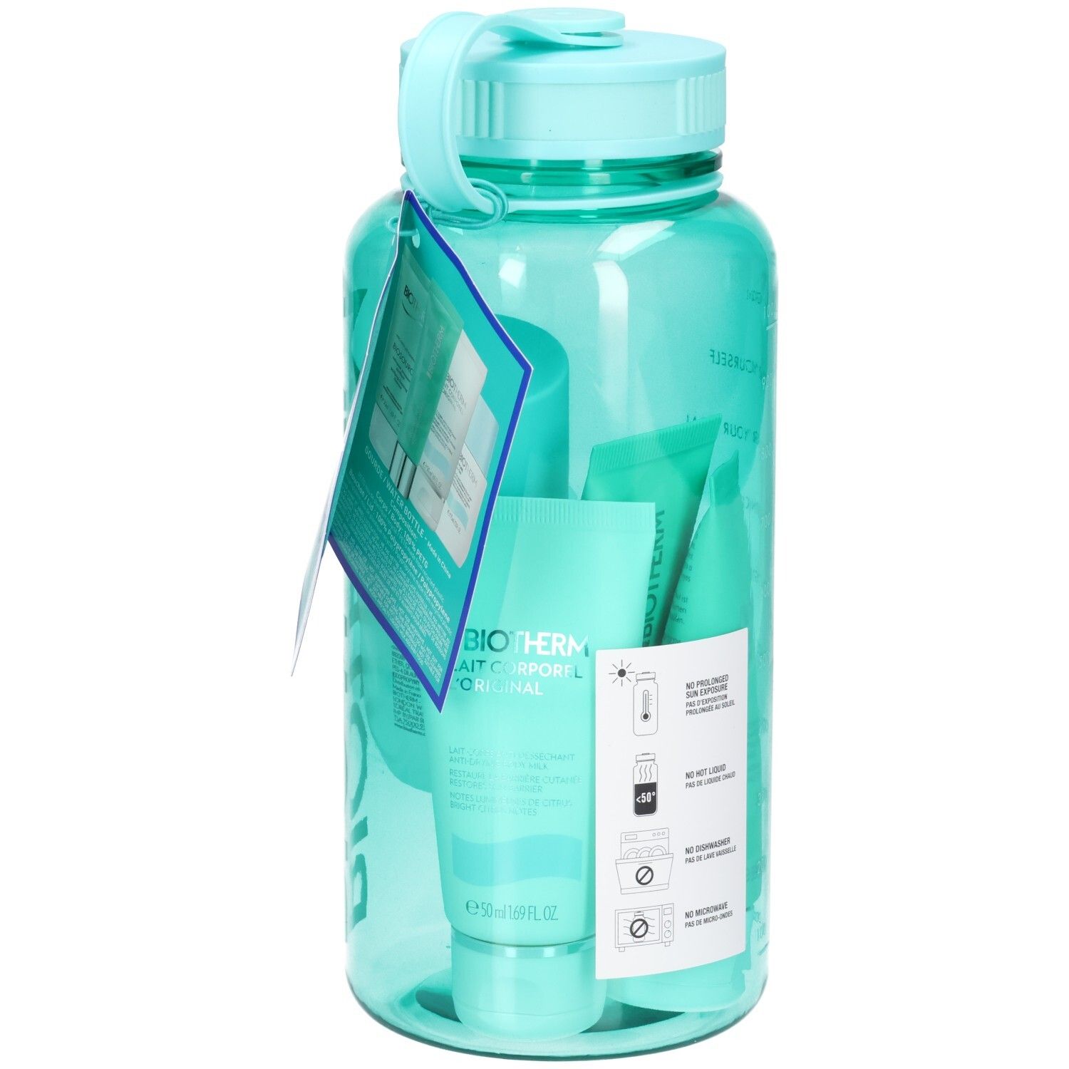 Bouteille d'eau turquoise avec bouchon. Contient des tubes et des flacons. Produit BIOTHERM avec texte. Pictogrammes avec instructions.