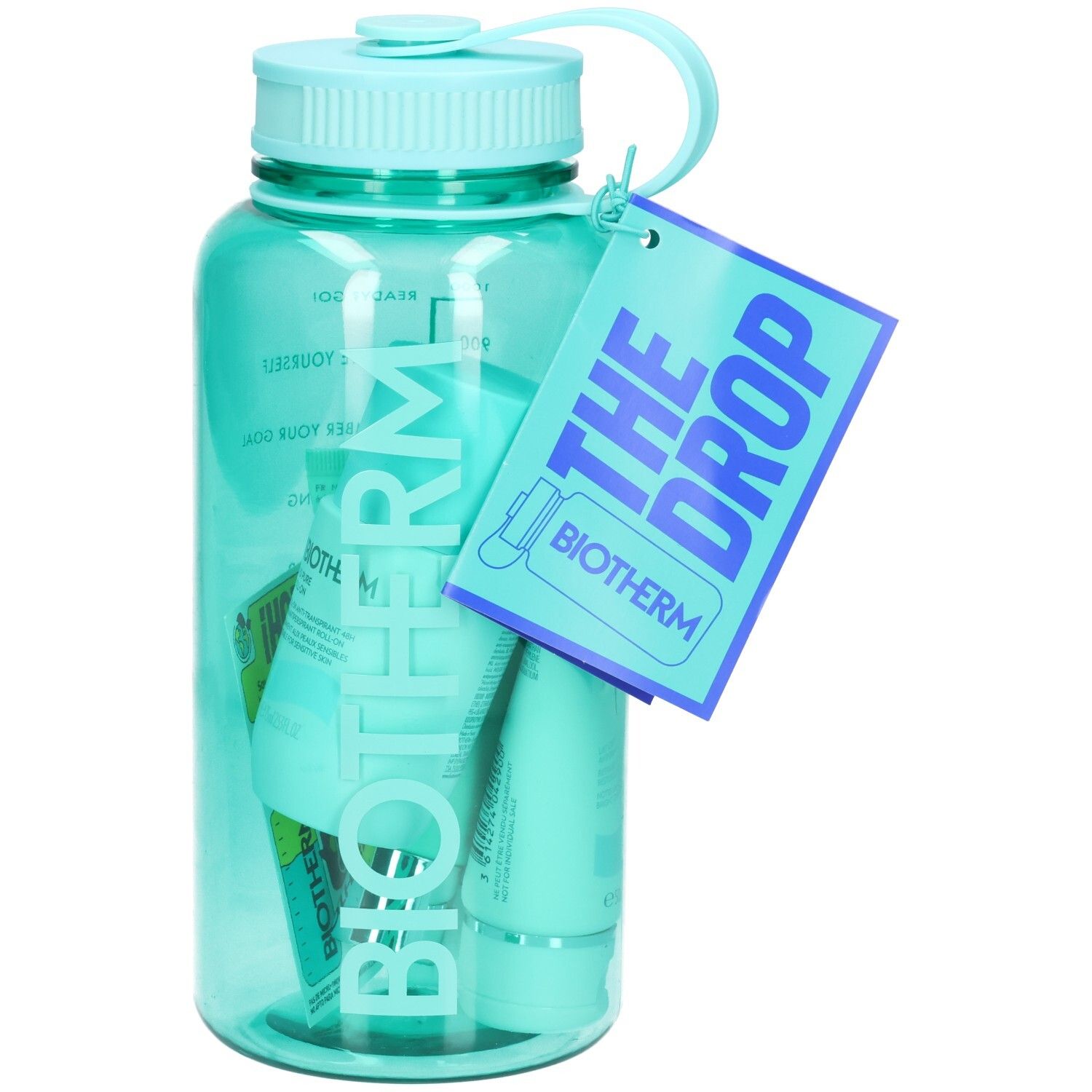 Bouteille d'eau turquoise avec bouchon et étiquette. Contient des tubes et des flacons. Étiquette avec "THE DROP" et logo BIOTHERM.
