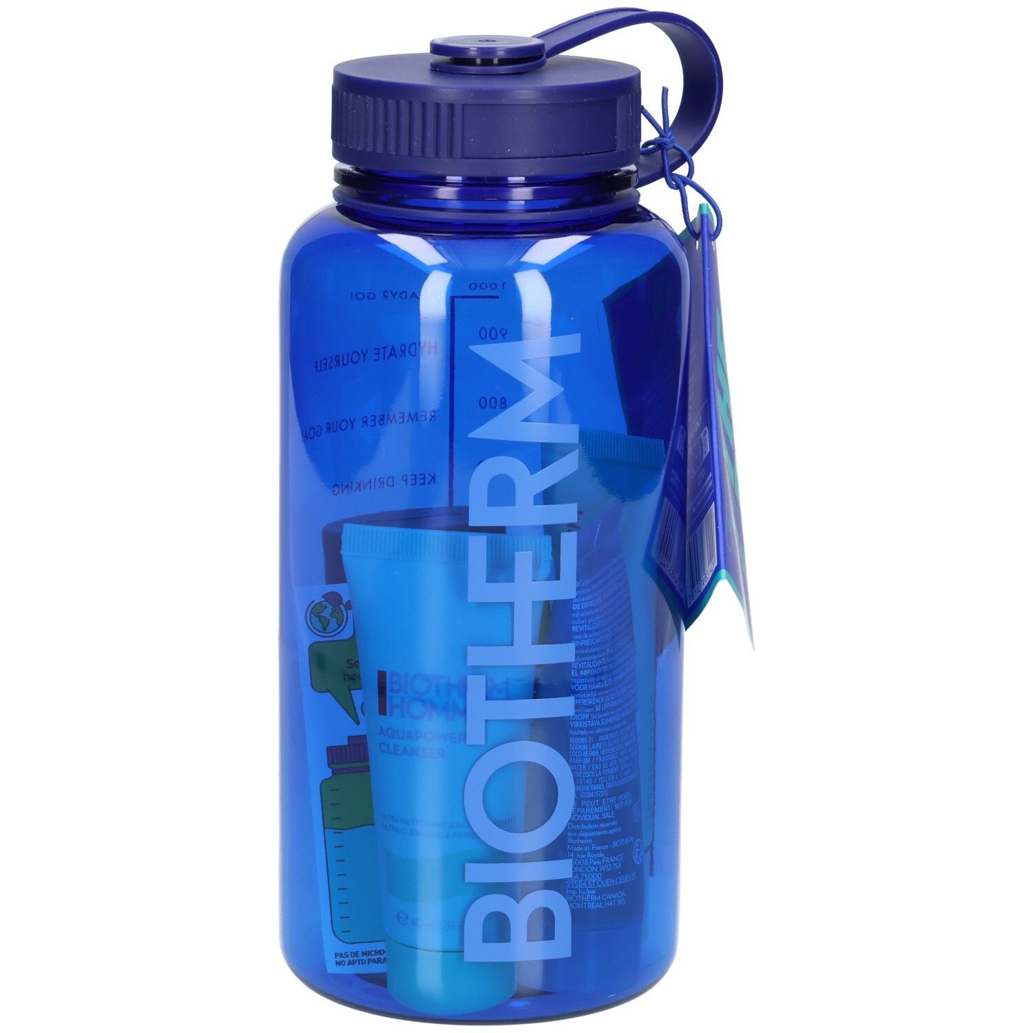 Gourde bleue avec BIOTHERM. Contient d'autres produits bleus. Étiquette avec informations produit.