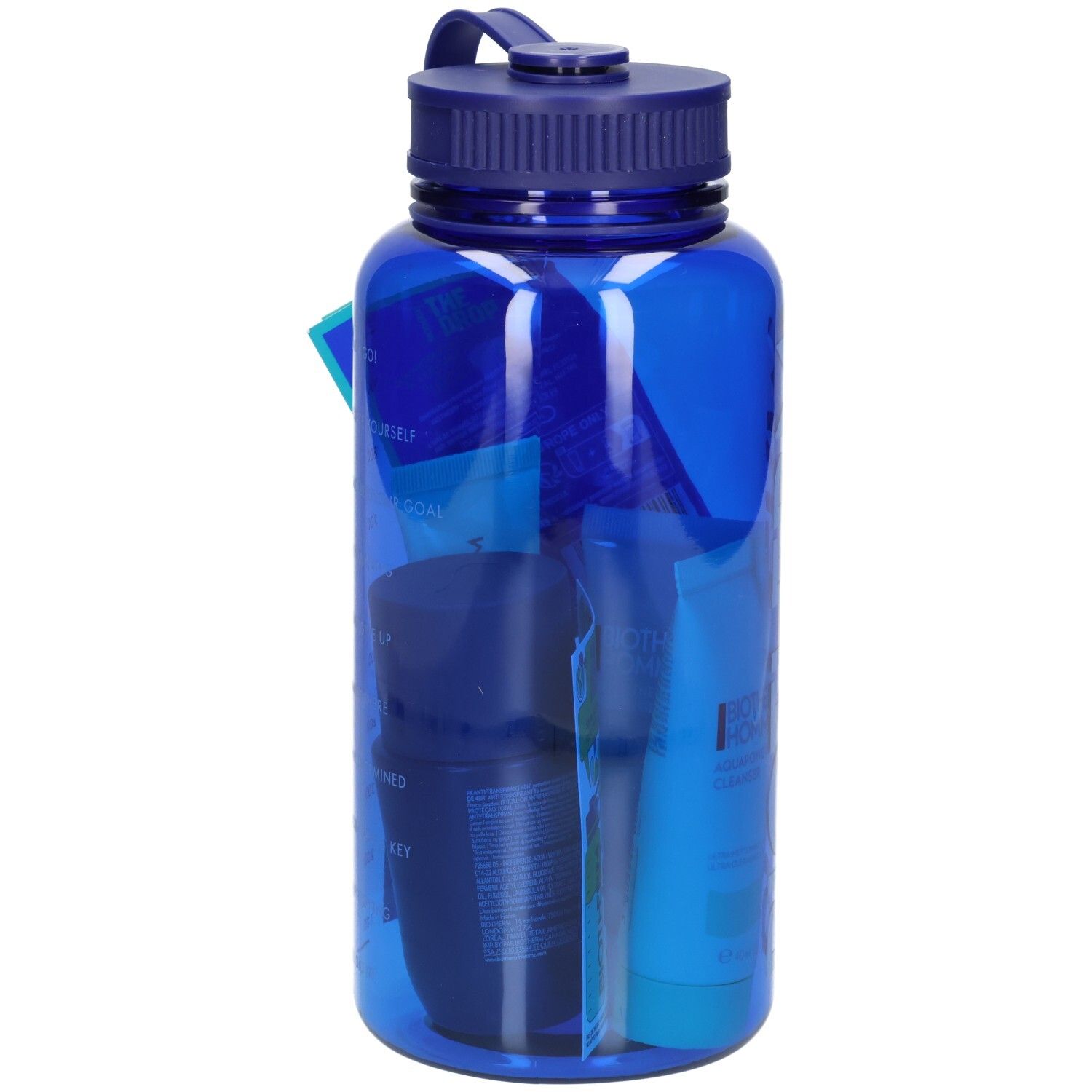 Gourde bleue avec produits. Contient tubes et contenants bleus. Bouteille avec échelle graduée.