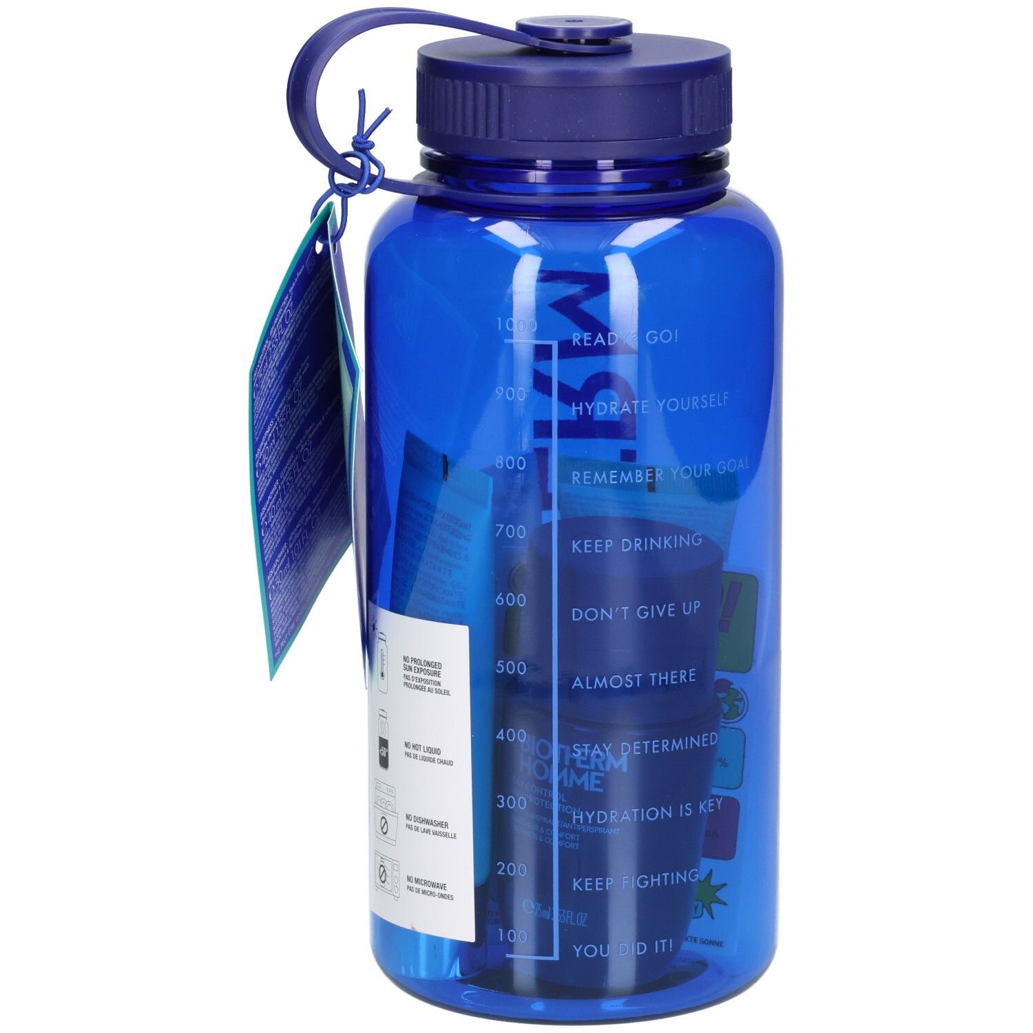 Gourde bleue avec échelle graduée. Contient produits bleus. Étiquette avec texte: Hydrate yourself.
